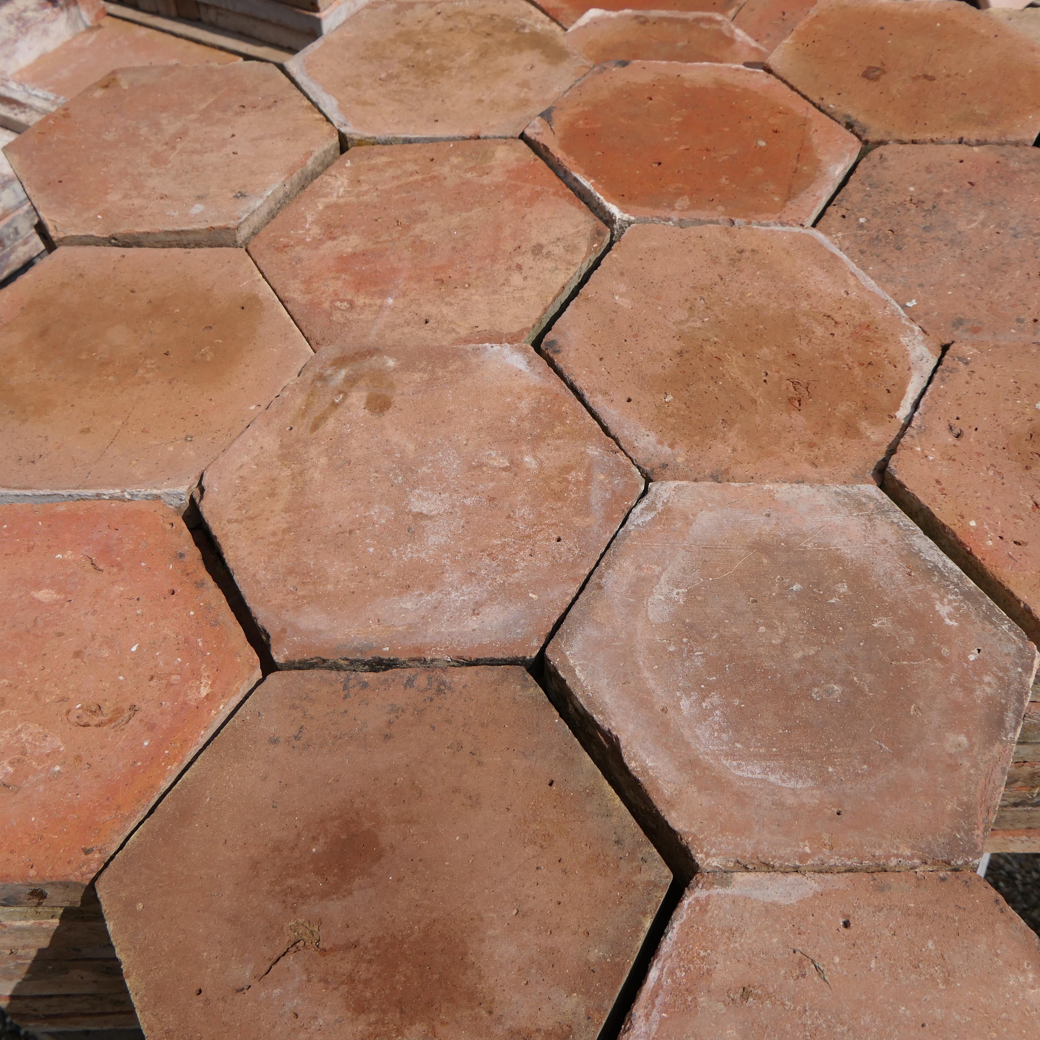 Antique French Terracotta Sechseckige Bodenfliesen - 19. Jahrhundert, Warme Erdtöne im Angebot 1