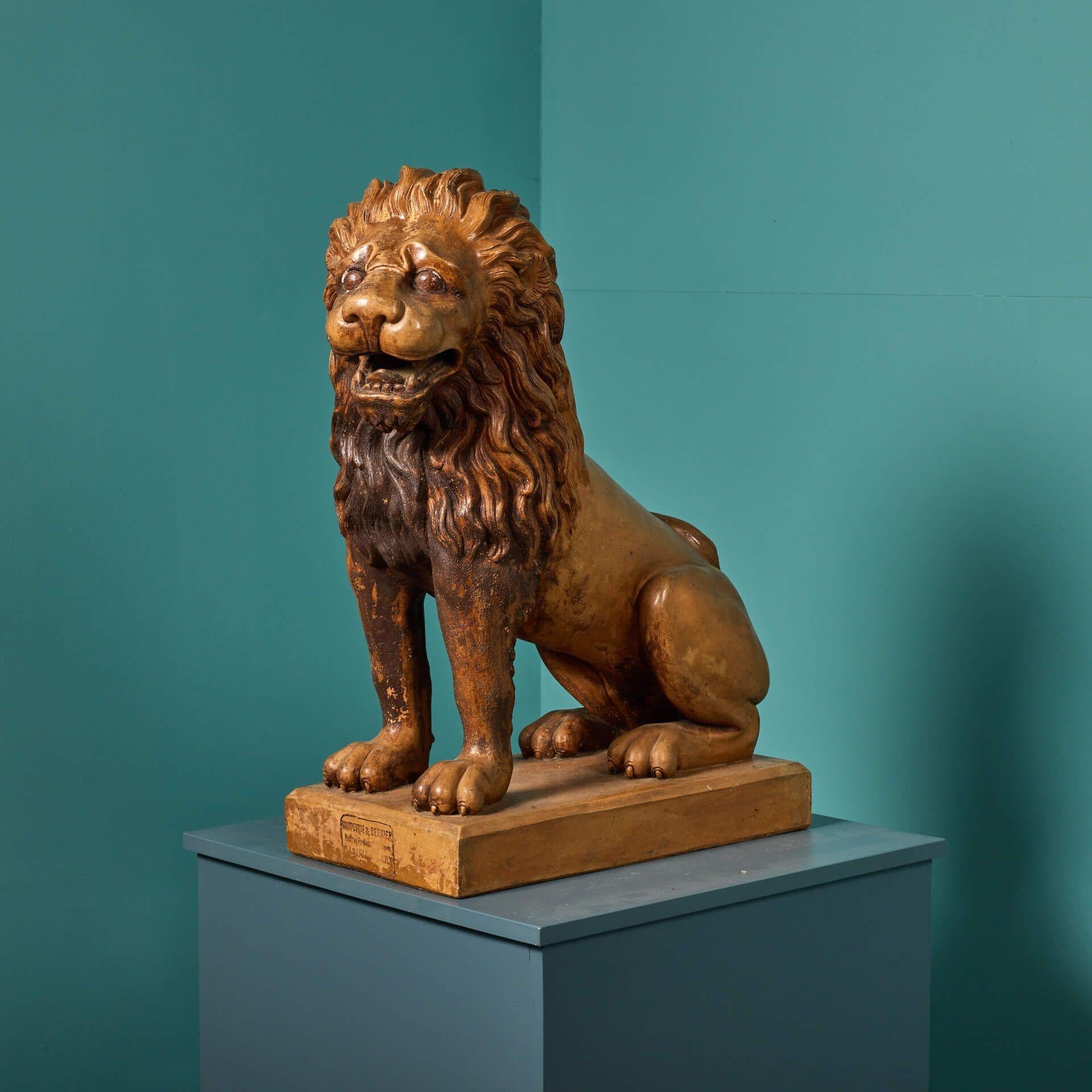 Victorian Antique French Terracotta Lion Sculpture by Mandeville & Bernier For Sale