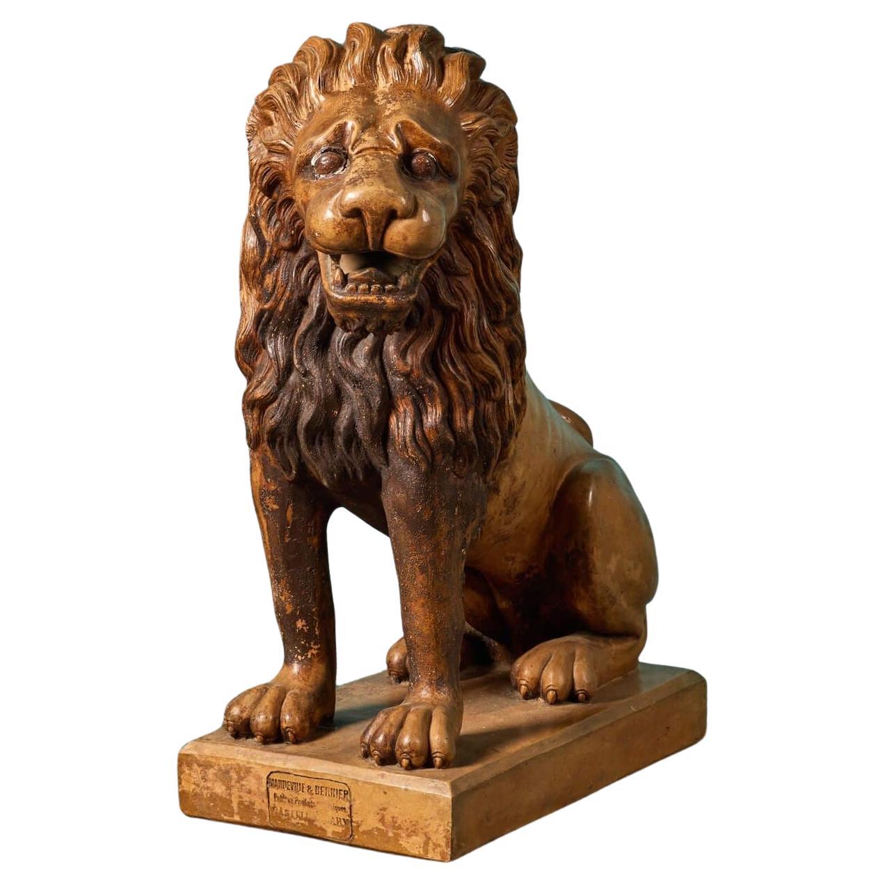 Antique French Terracotta Lion Sculpture by Mandeville & Bernier For Sale