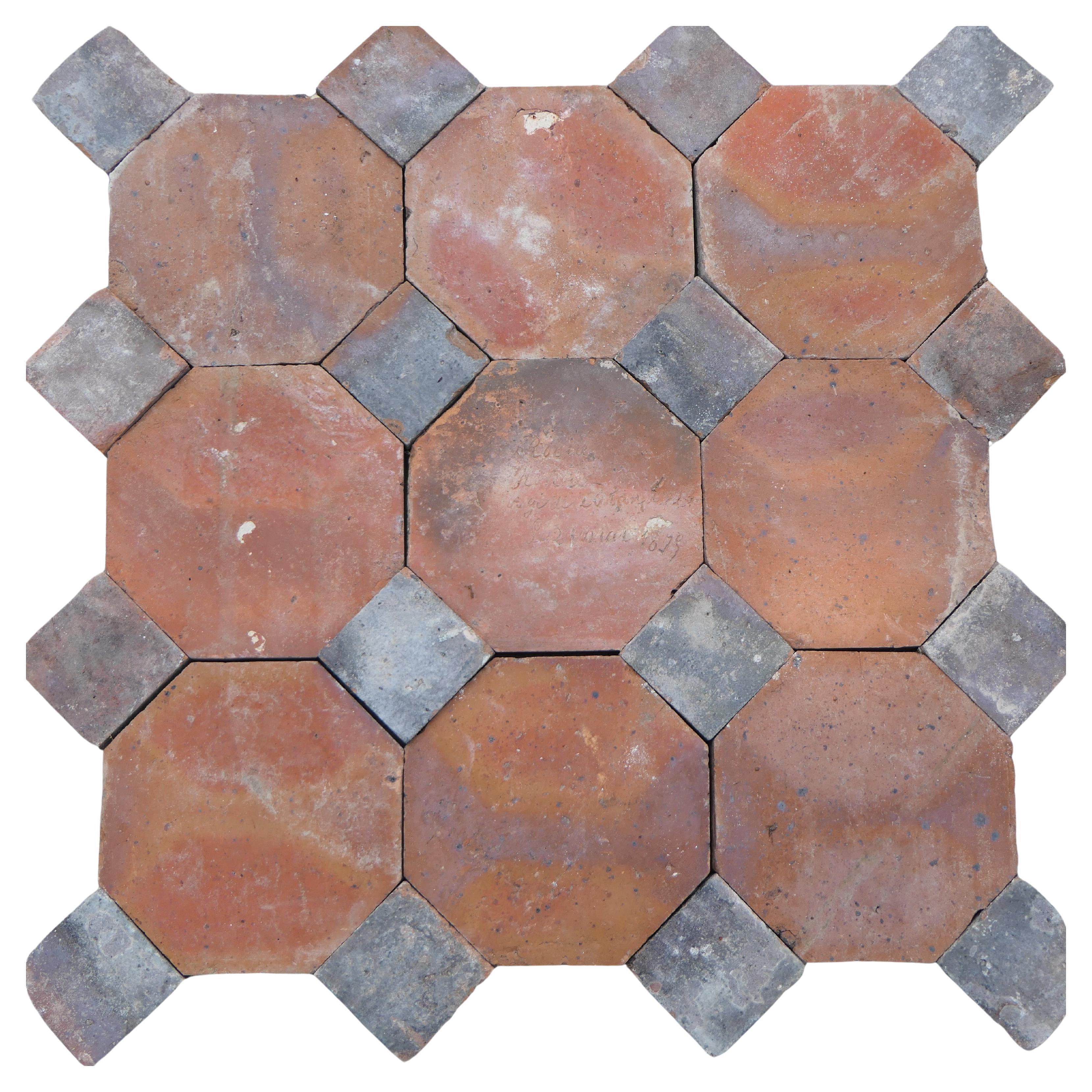 Antique French Terracotta Octagonal Floor Tiles – 19th Century