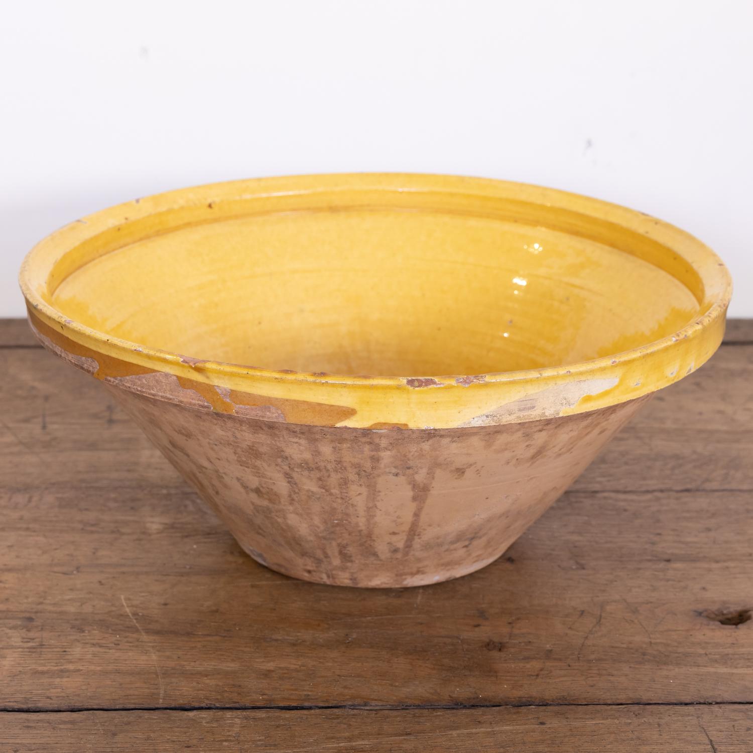 Glazed Antique French Terracotta Pancheon or Dough Bowl with Yellow Glaze