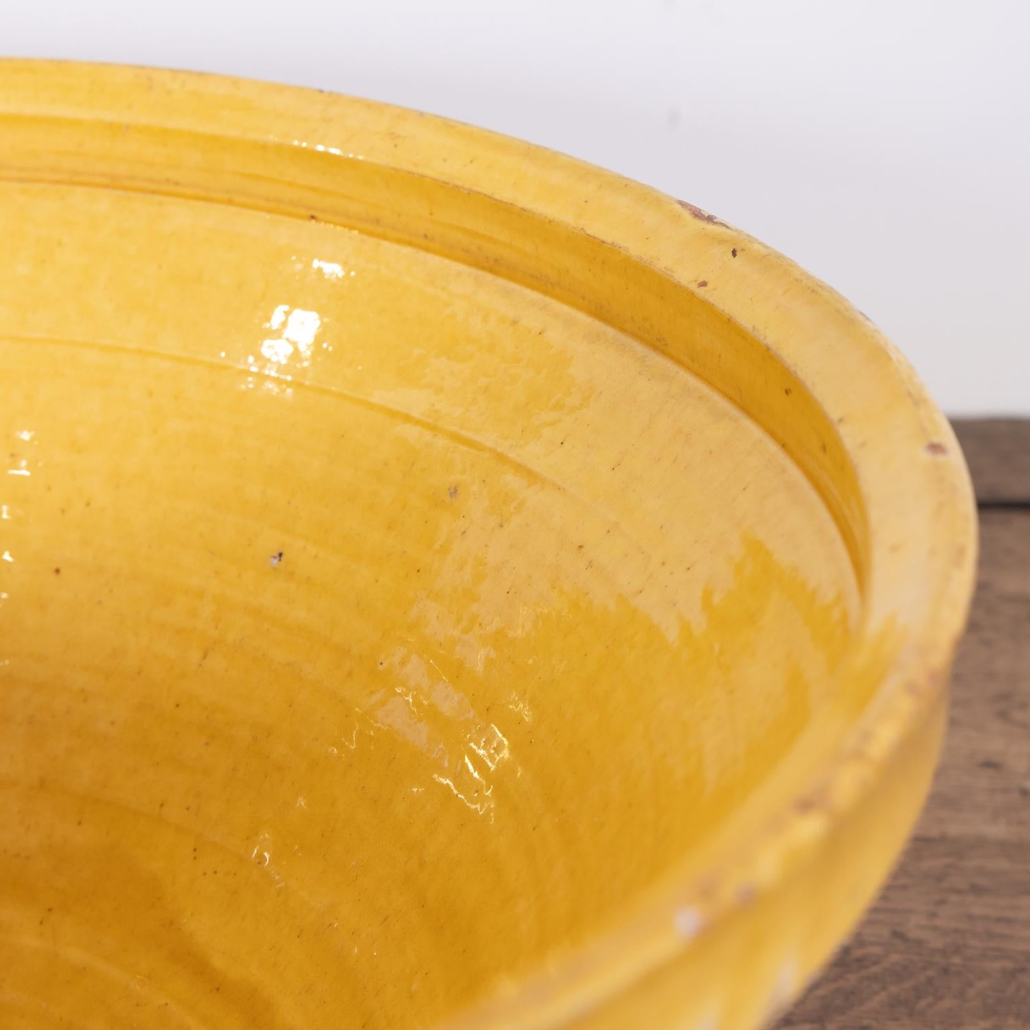 Antique French Terracotta Pancheon or Dough Bowl with Yellow Glaze In Good Condition In Birmingham, AL
