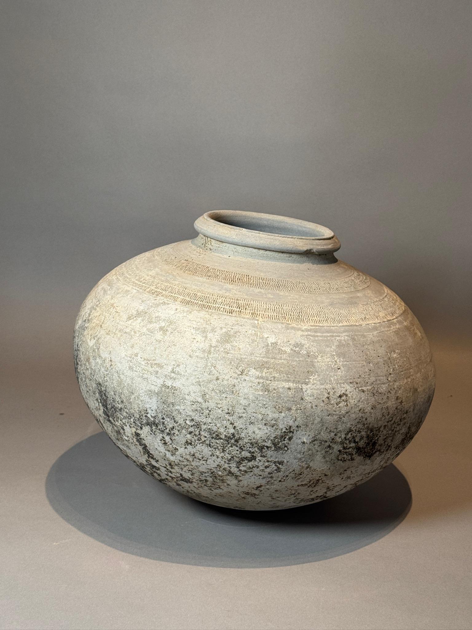 A striking antique French terracotta urn, this piece showcases a timeless patina that has developed beautifully over decades. The urn's elegant rounded silhouette and weathered texture reflect its authentic provenance, making it a unique statement