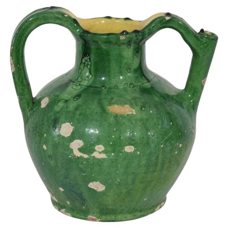 Antique French Terracotta Water Cruche, Green Glazed, Circa 1850, Rare For Sale