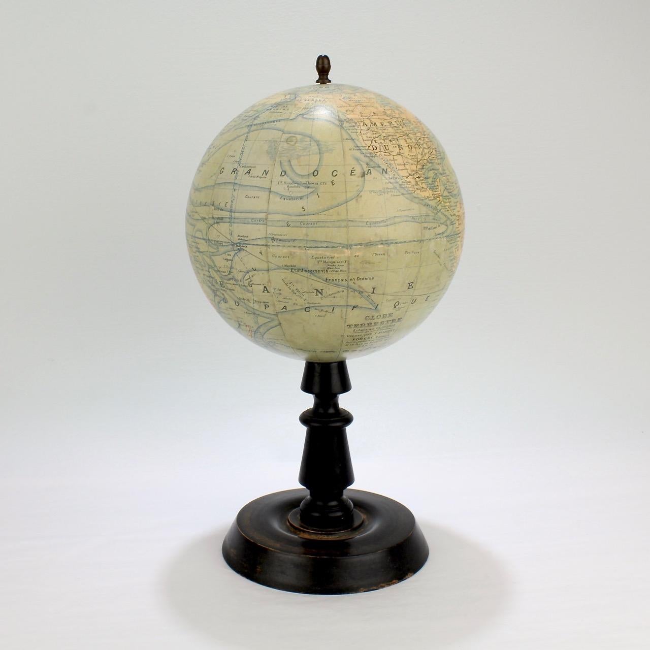 Antique French Terrestrial Globe on Wooden Stand by J. Forest of Paris 1