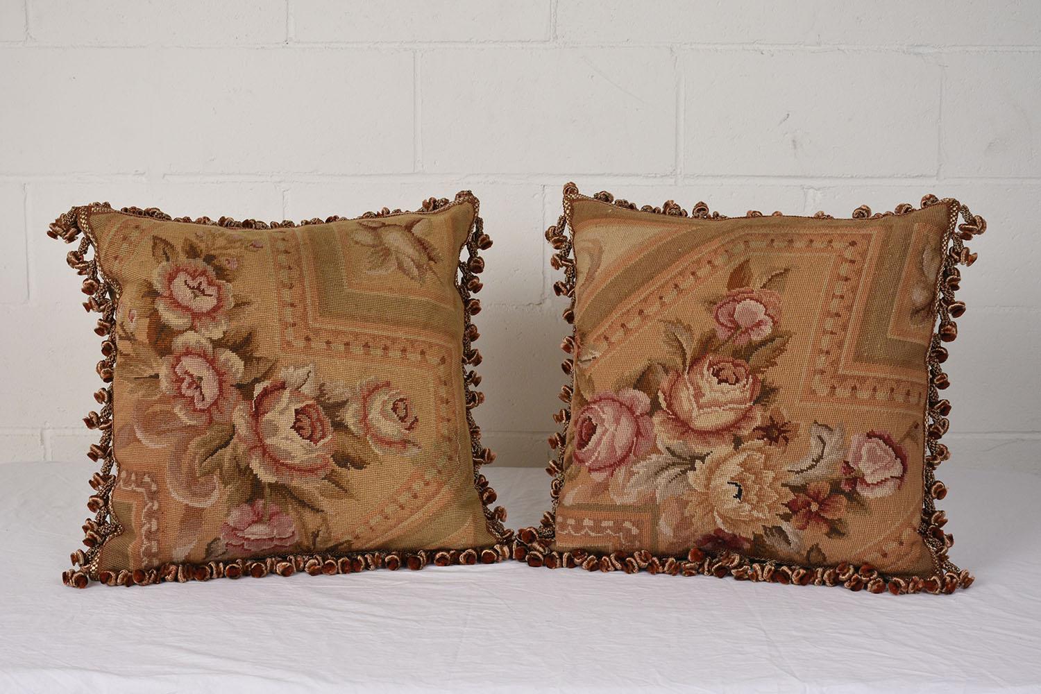 Embroidered Antique French Textile Pillows with Floral Pattern & Silk Tassels For Sale