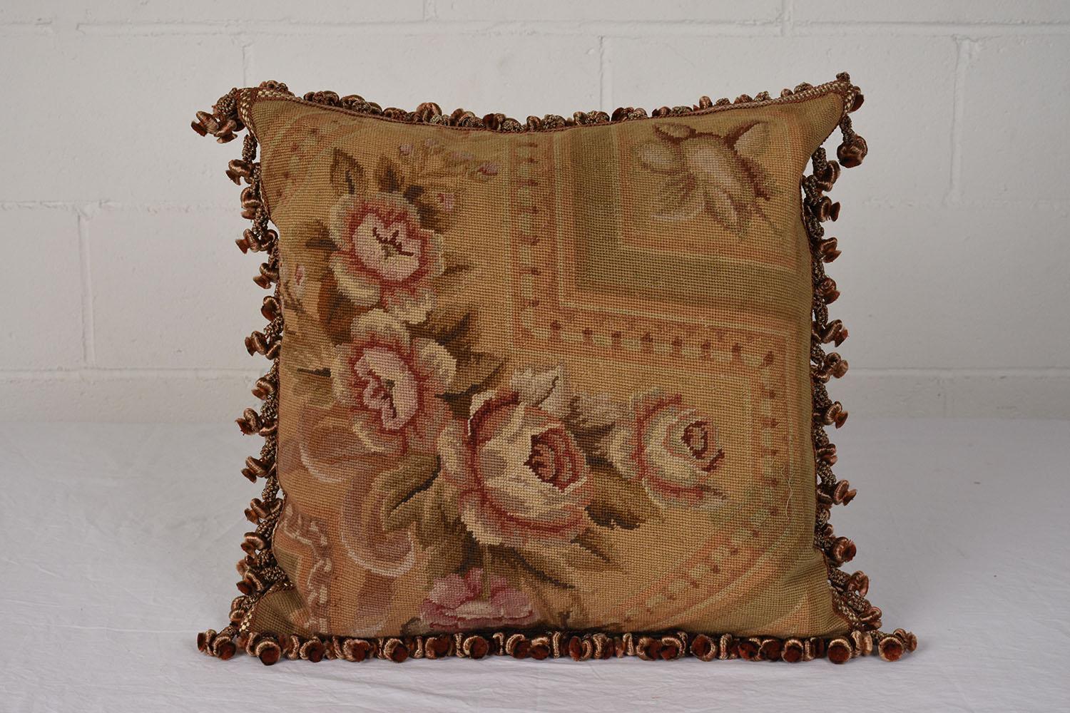 Antique French Textile Pillows with Floral Pattern & Silk Tassels In Good Condition For Sale In Los Angeles, CA