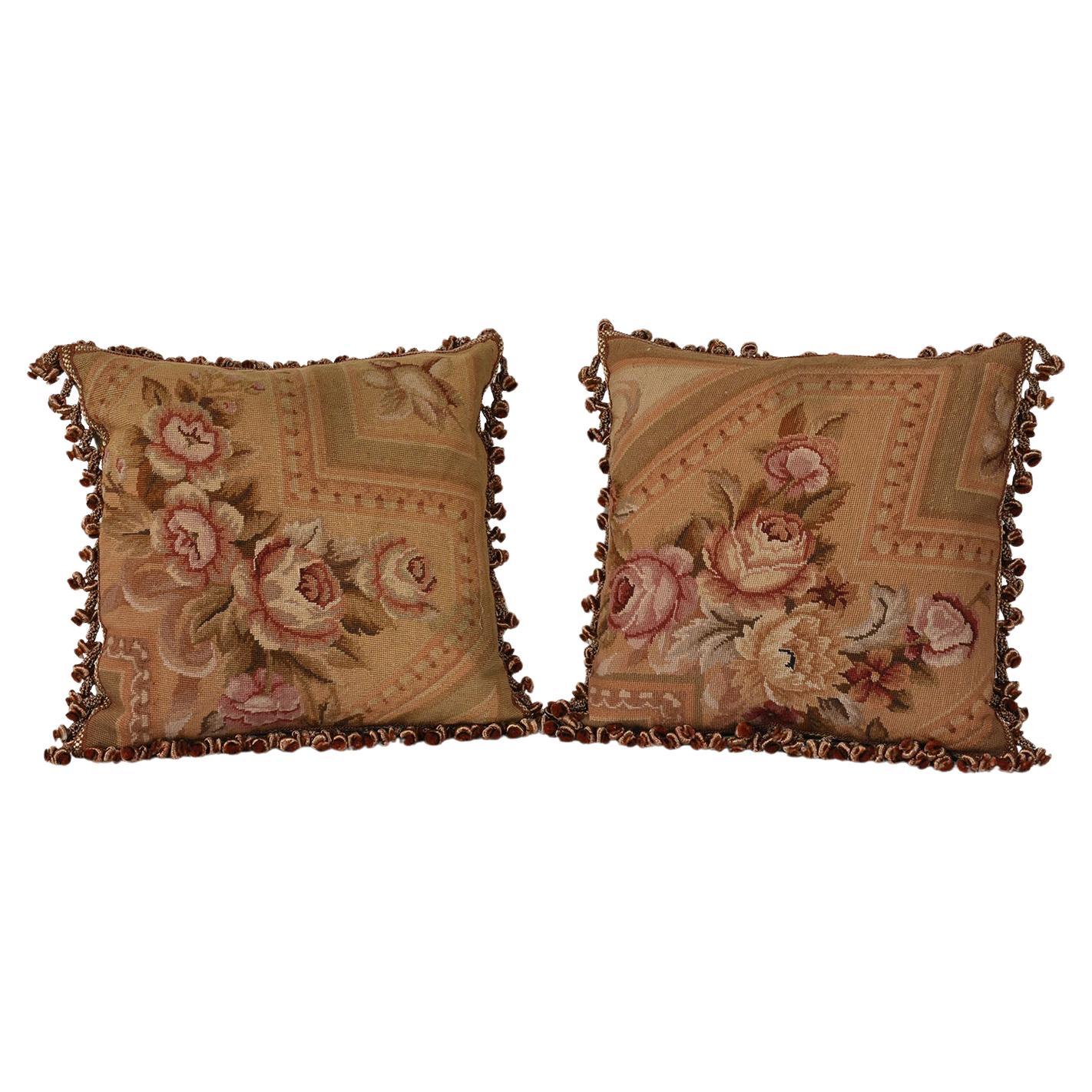 Antique French Textile Pillows with Floral Pattern & Silk Tassels For Sale