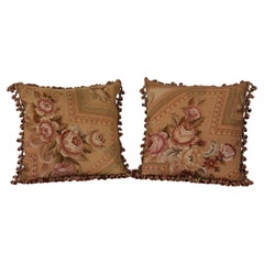 Antique French Textile Pillows with Floral Pattern & Silk Tassels