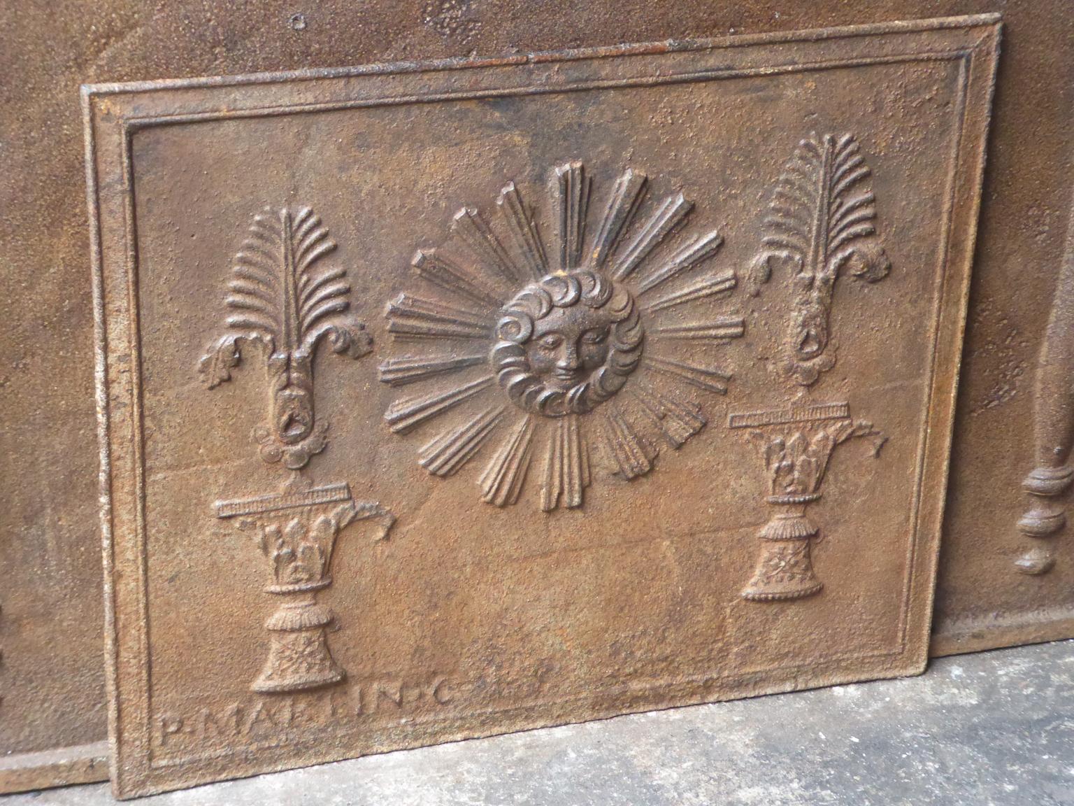 Cast Antique French 'The Sun' Fireback, 19th Century