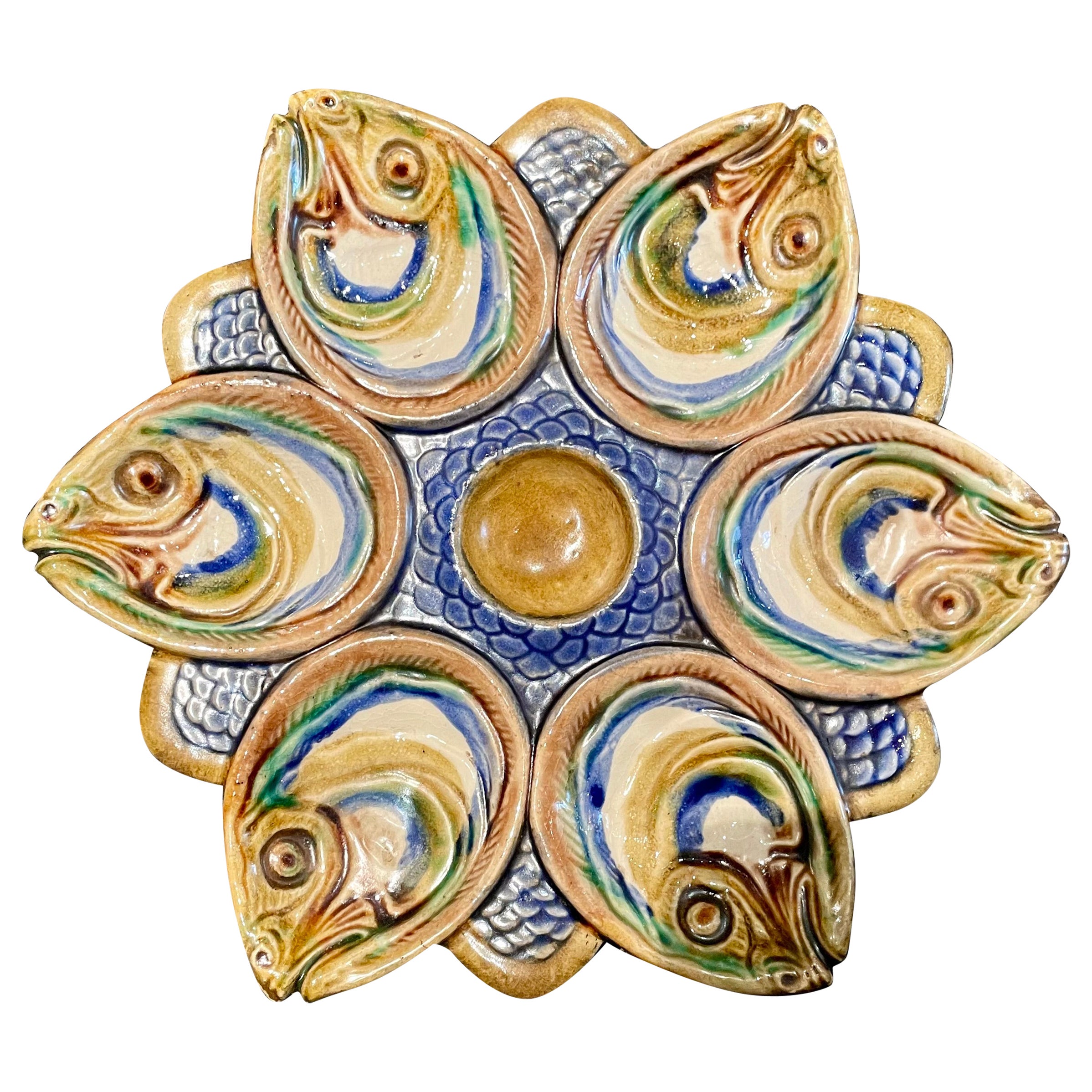 Antique French "Thomas Sargent" Palissy Ware Majolica Fish-Head Oyster Plate.