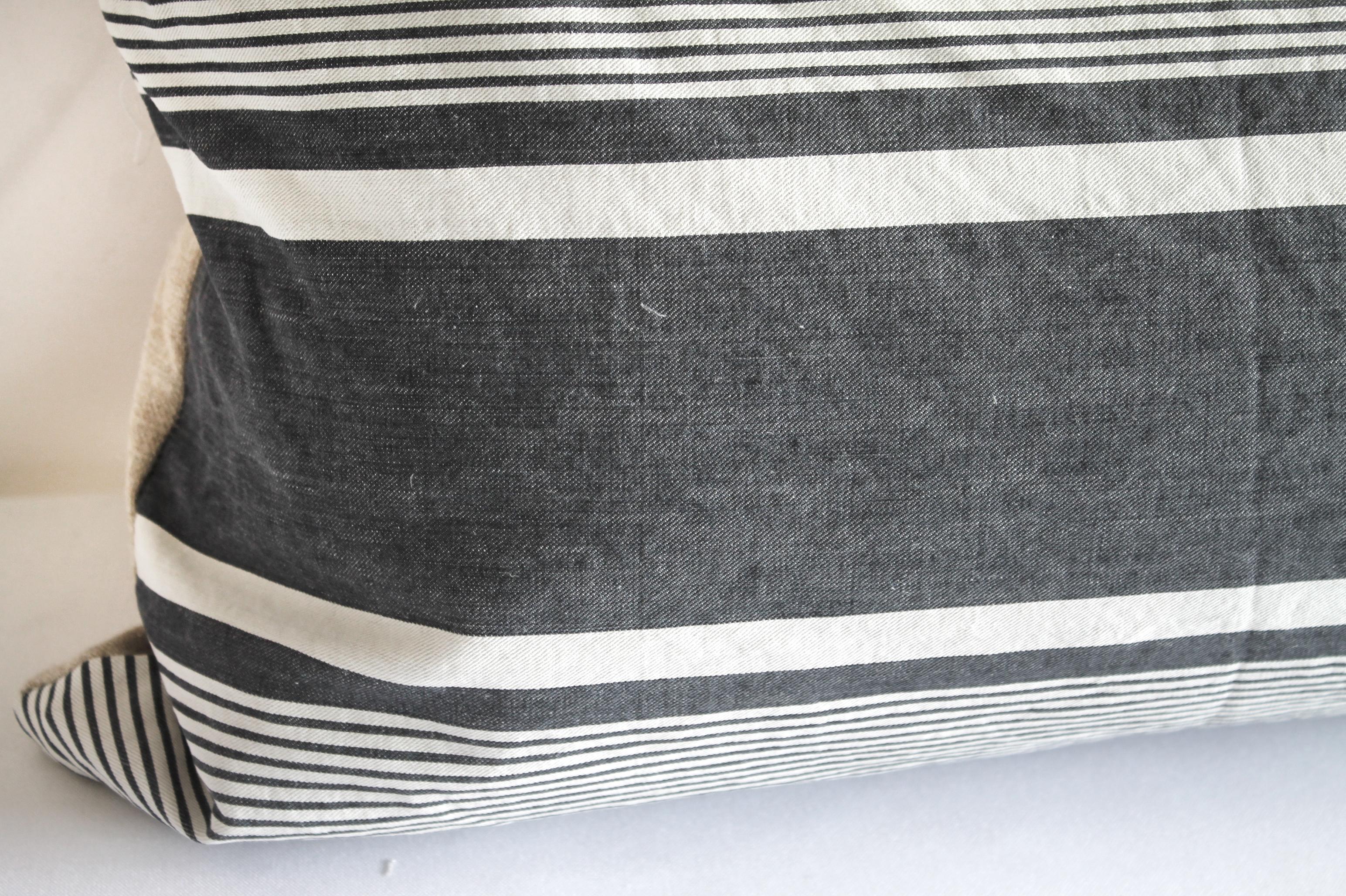 European Antique French Ticking Stripe Lumbar Pillow Faded Black and White