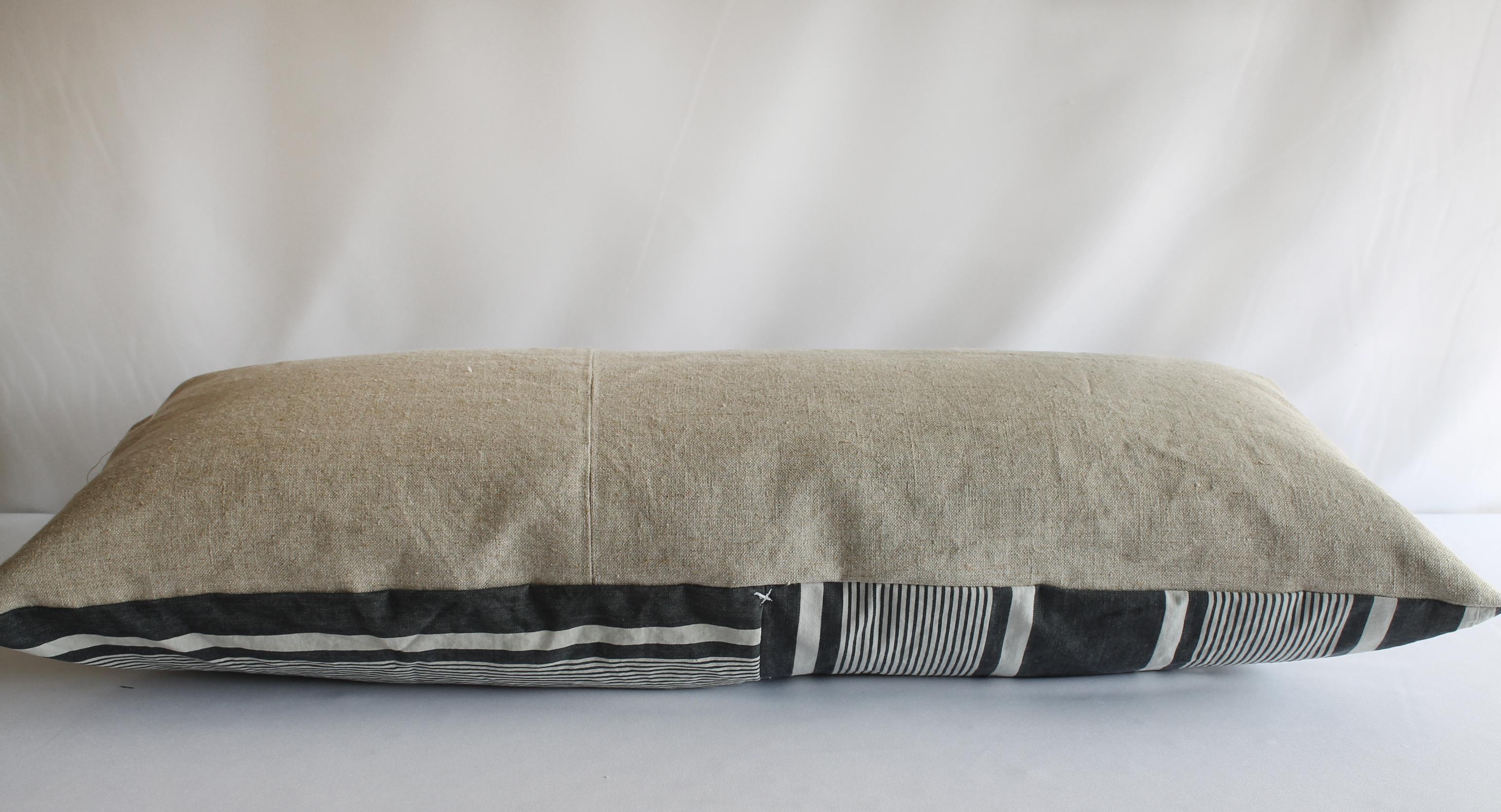 Antique French Ticking Stripe Lumbar Pillow Faded Black and White In Good Condition In Brea, CA