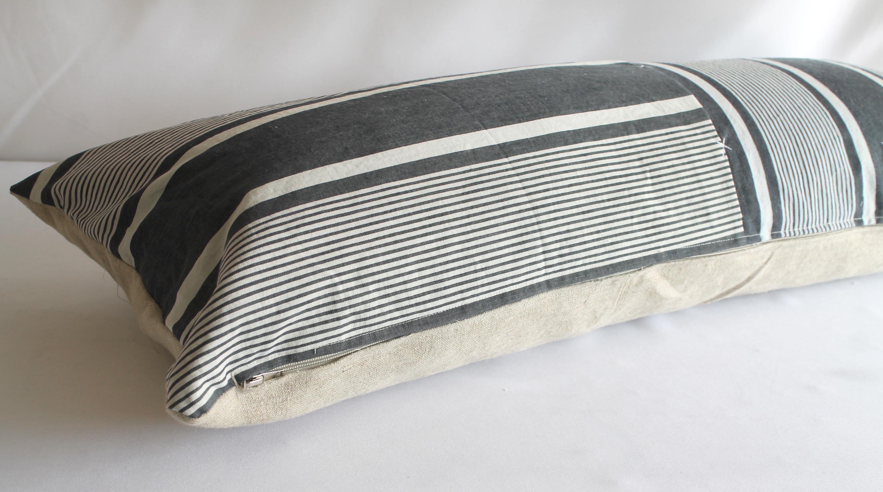 19th Century Antique French Ticking Stripe Lumbar Pillow Faded Black and White