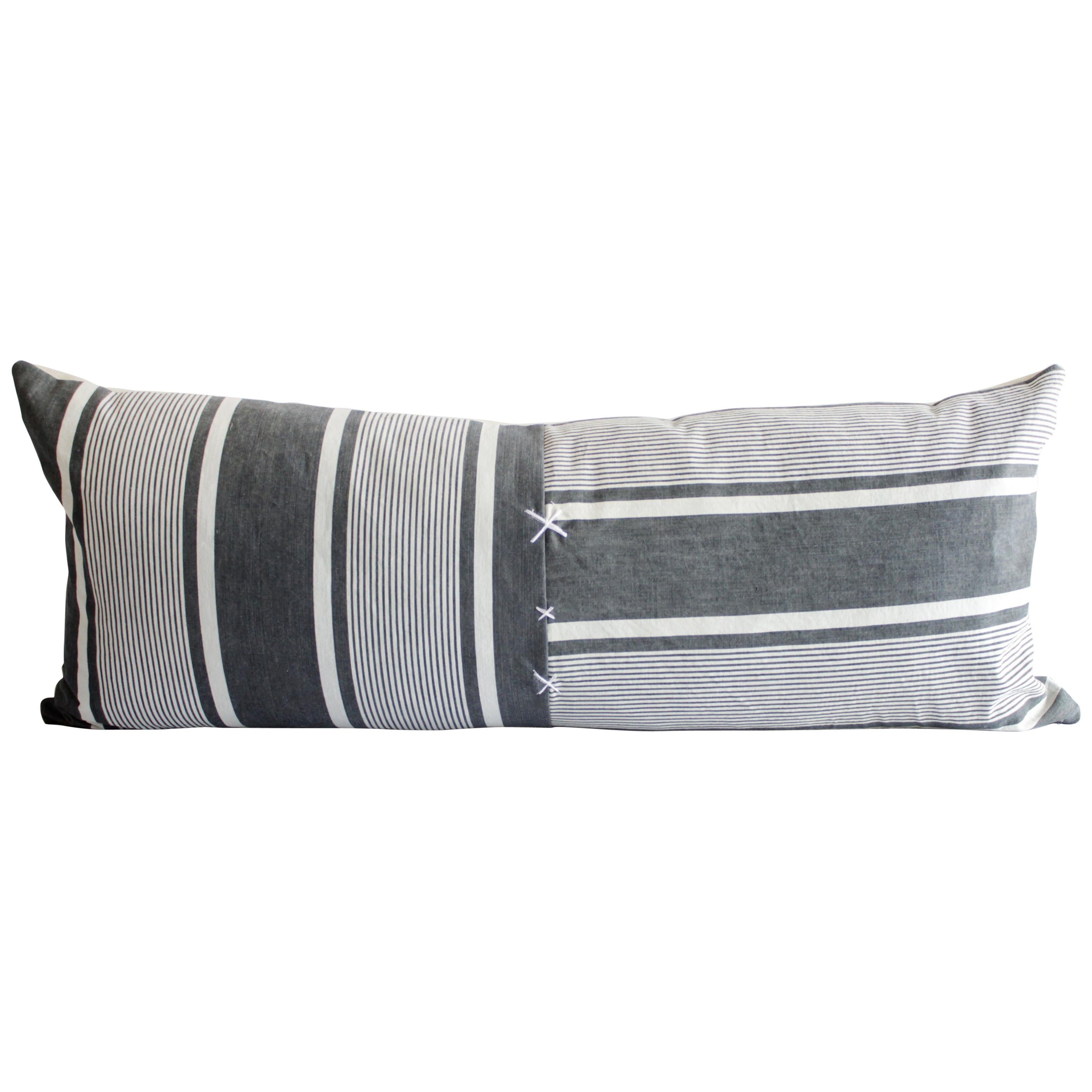 Antique French Ticking Stripe Lumbar Pillow Faded Black and White at