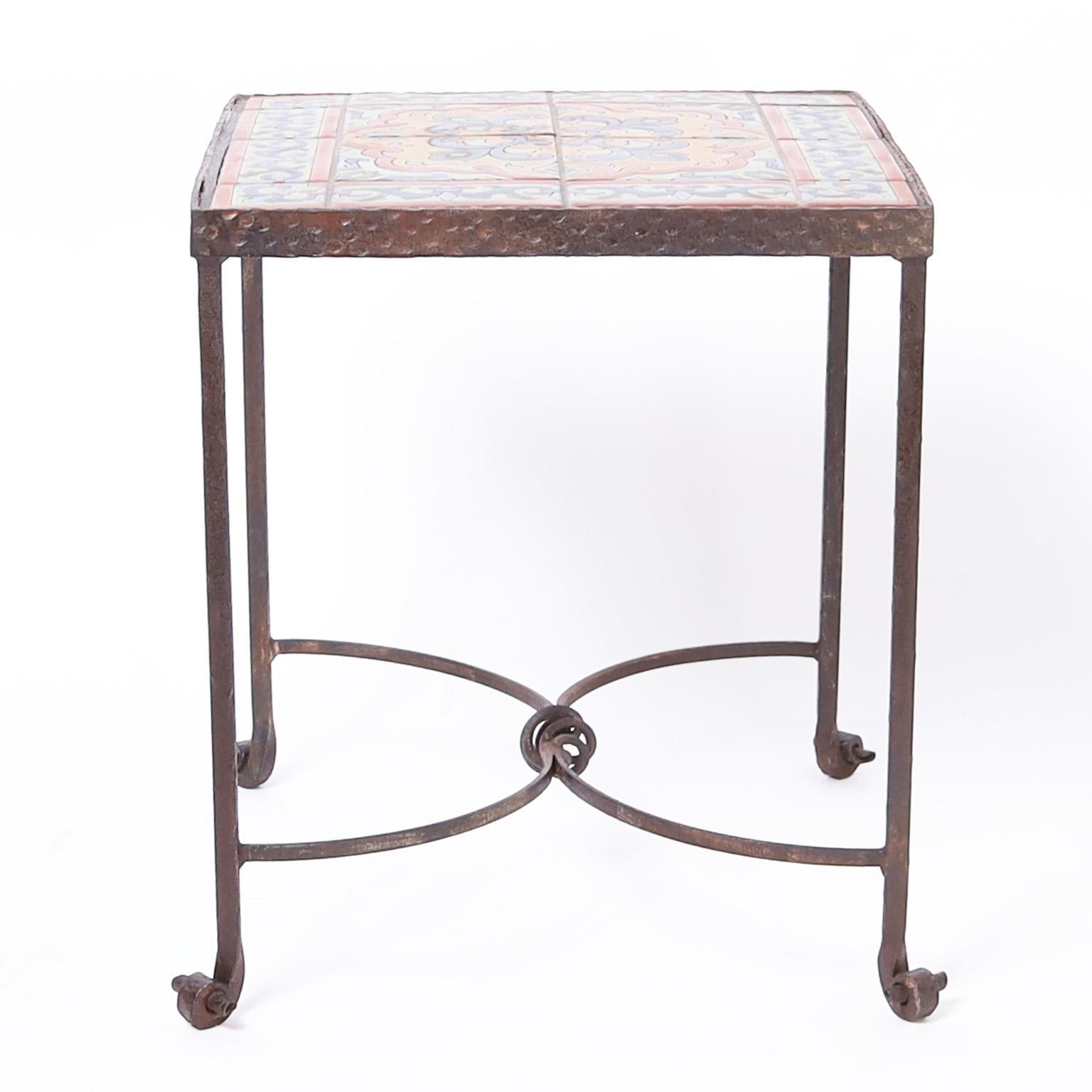 French Provincial Antique French Tile Top Iron Stand or Table For Sale