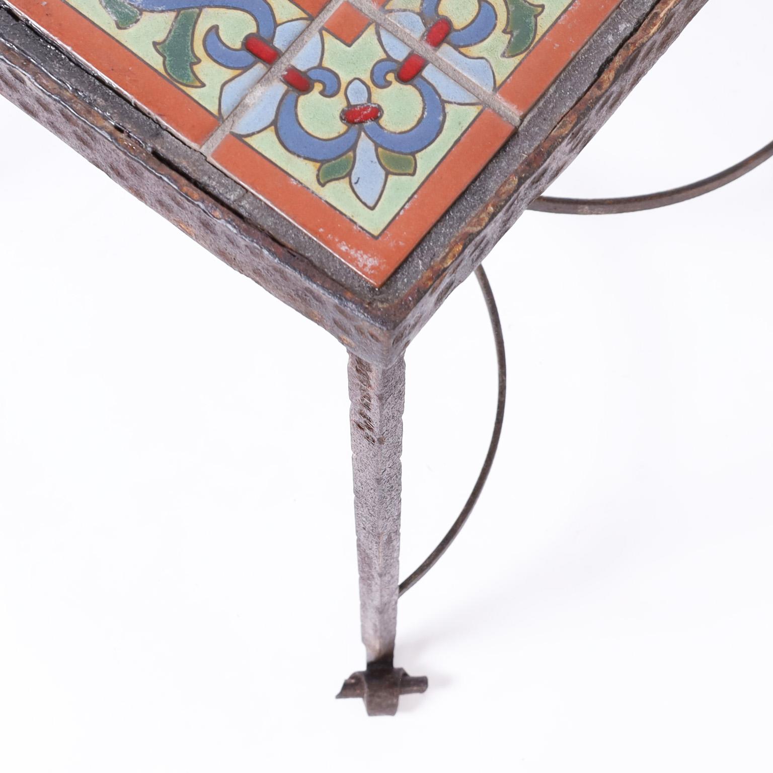 Wrought Iron Antique French Tile Top Iron Stand or Table For Sale