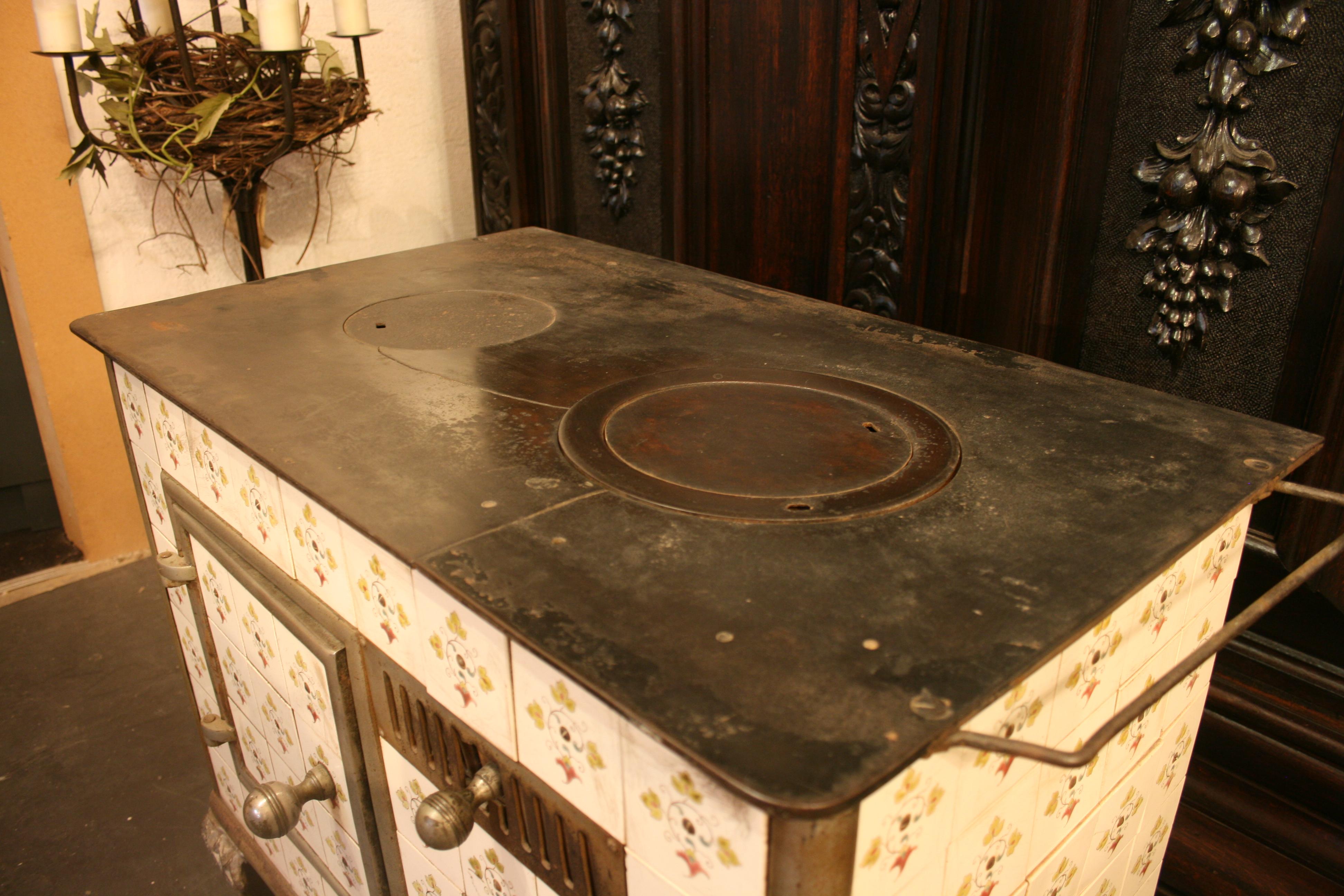 19th Century Antique French Tiled Stove, Cast-Iron, circa 1890 For Sale