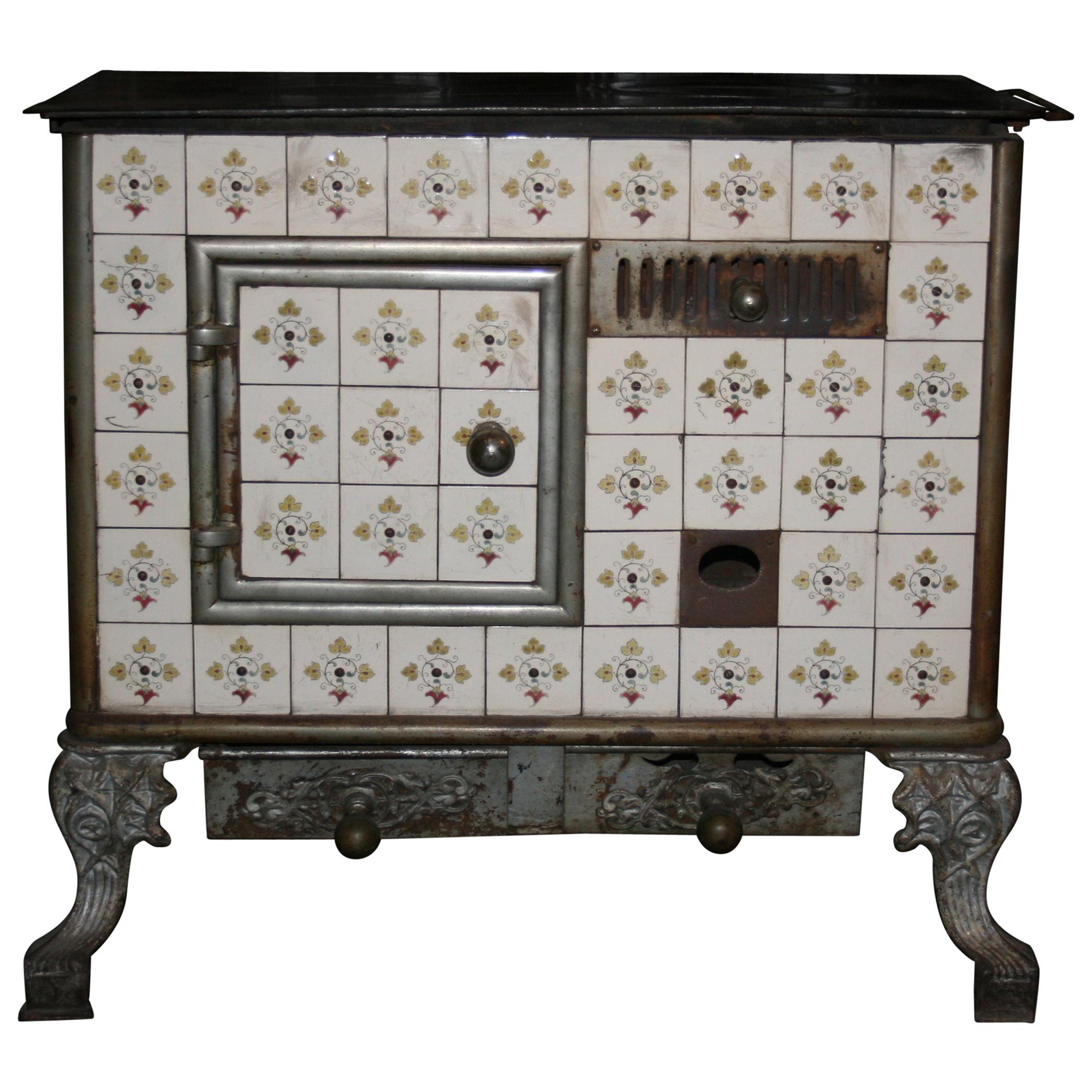 Antique French Tiled Stove, Cast-Iron, circa 1890 For Sale