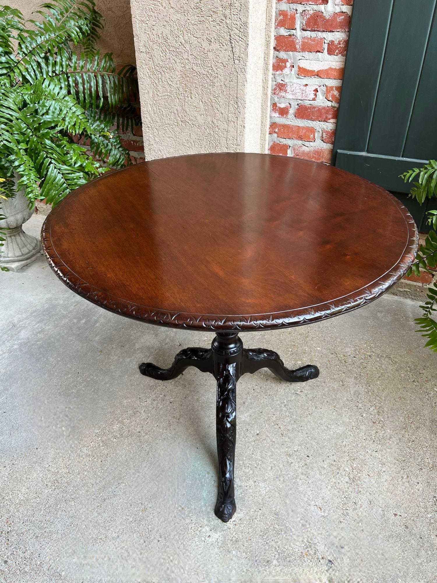 19th Century Antique English Tilt-Top Round Table Carved Mahogany Game Mahjong Wine c1890 For Sale