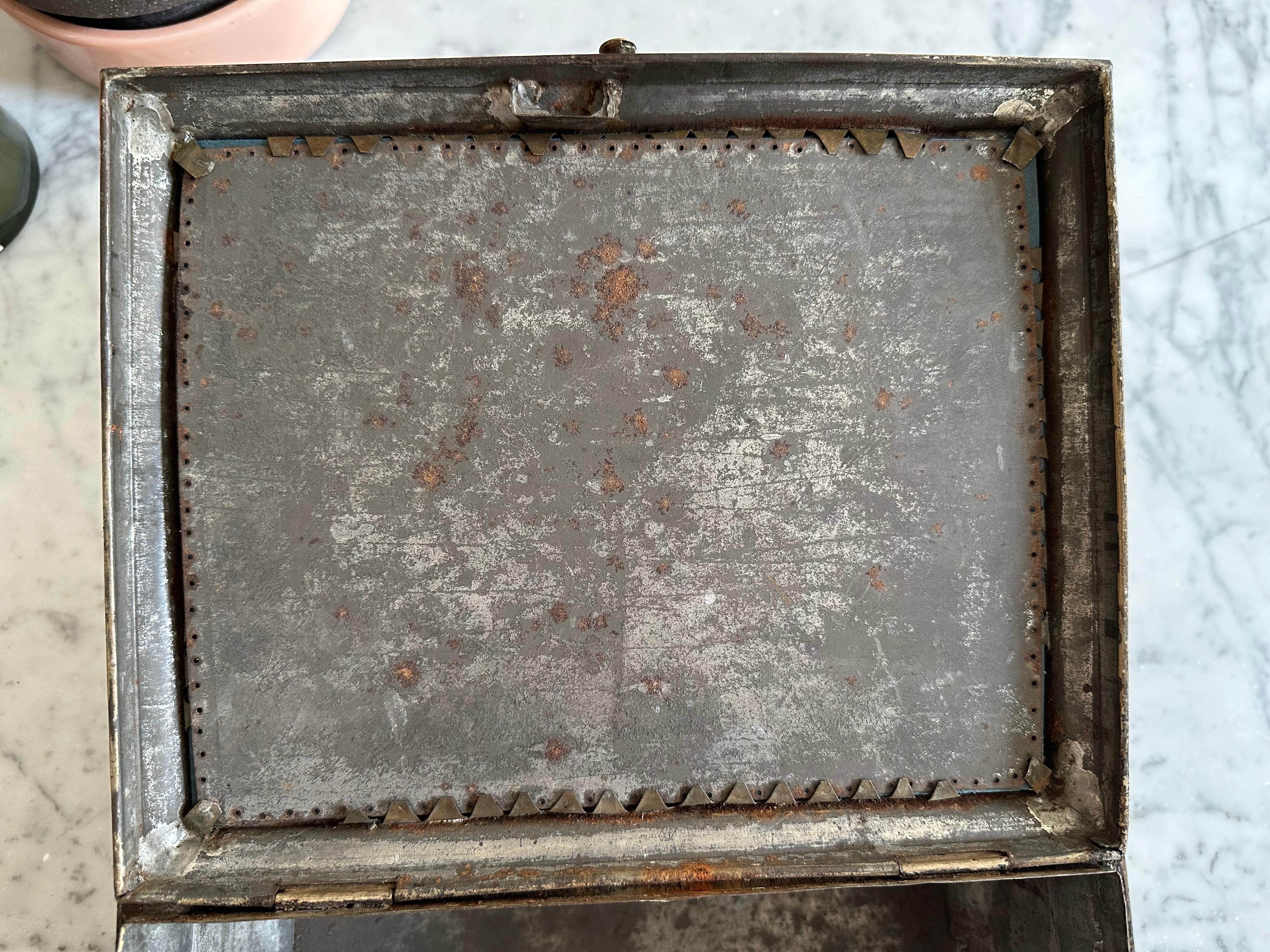 Antique French Tin Box, 1890 - Forma de cofre con medallón de acuarela principios del siglo XX en venta
