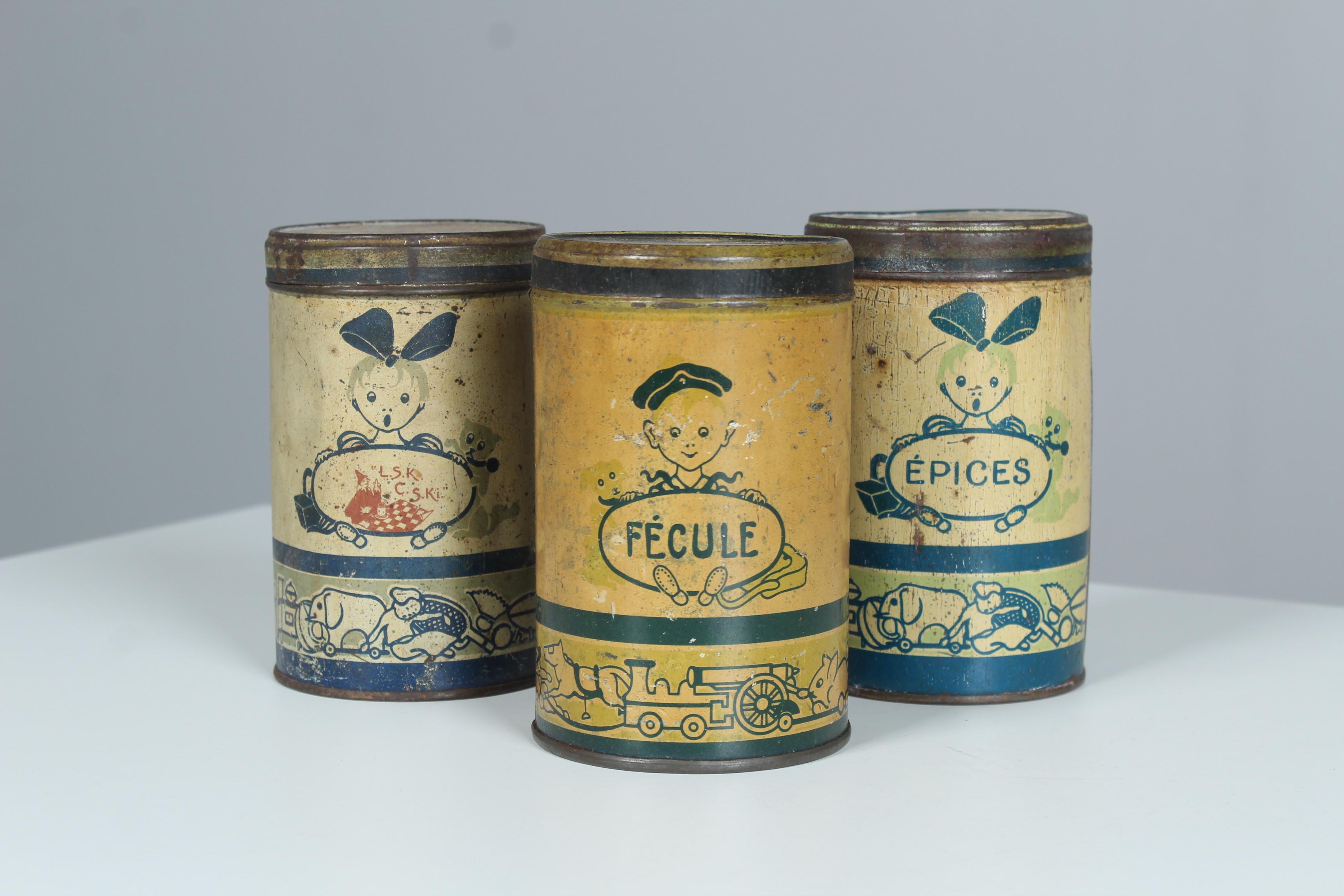 Antique French Tin Cans, Cookie Tins, Art Deco, Set of 3, 1920s 1930s, France For Sale at 1stDibs