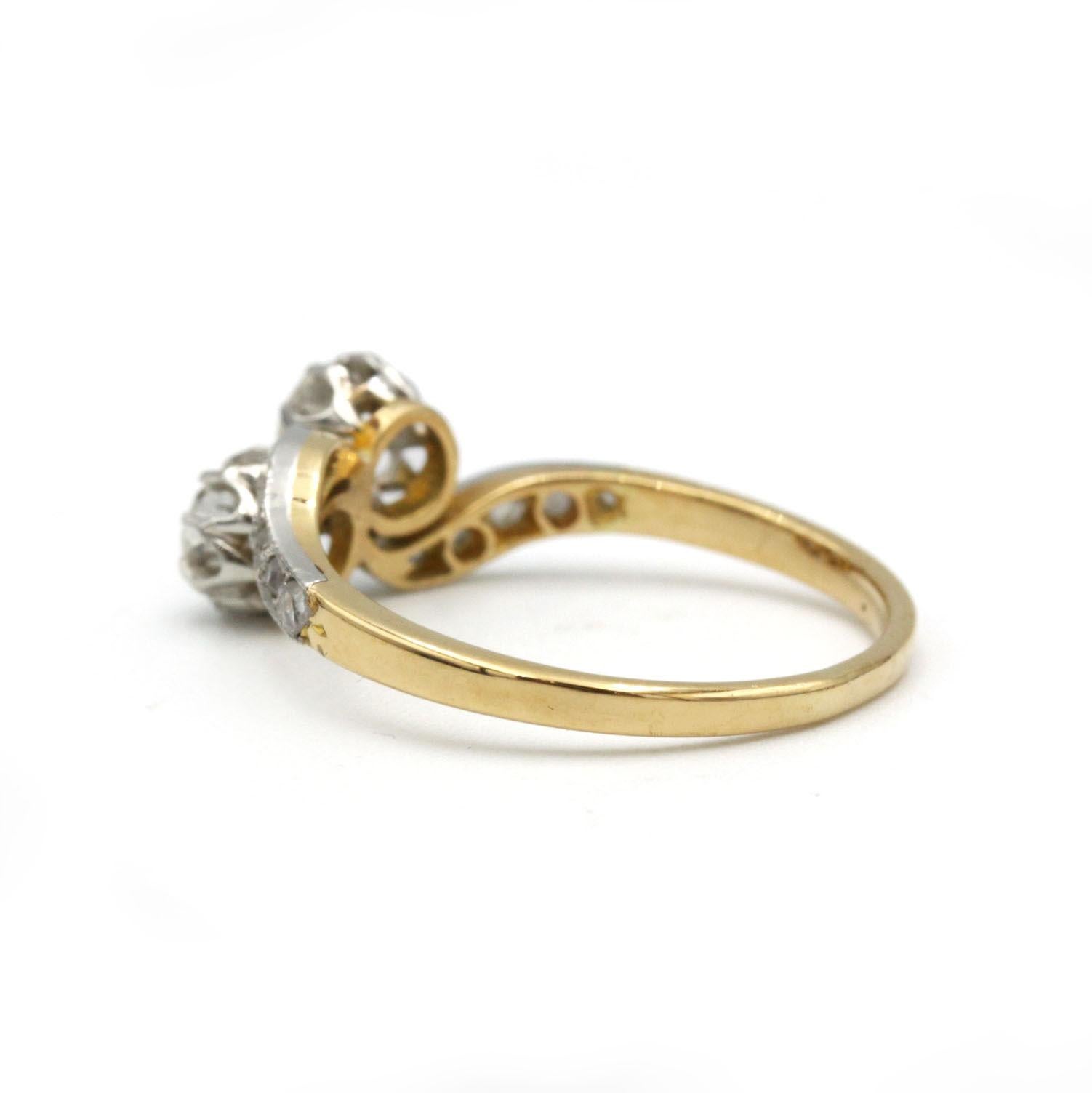 Old European Cut Antique French “Toi et Moi” Diamond Ring in 18K Gold and Platinum For Sale