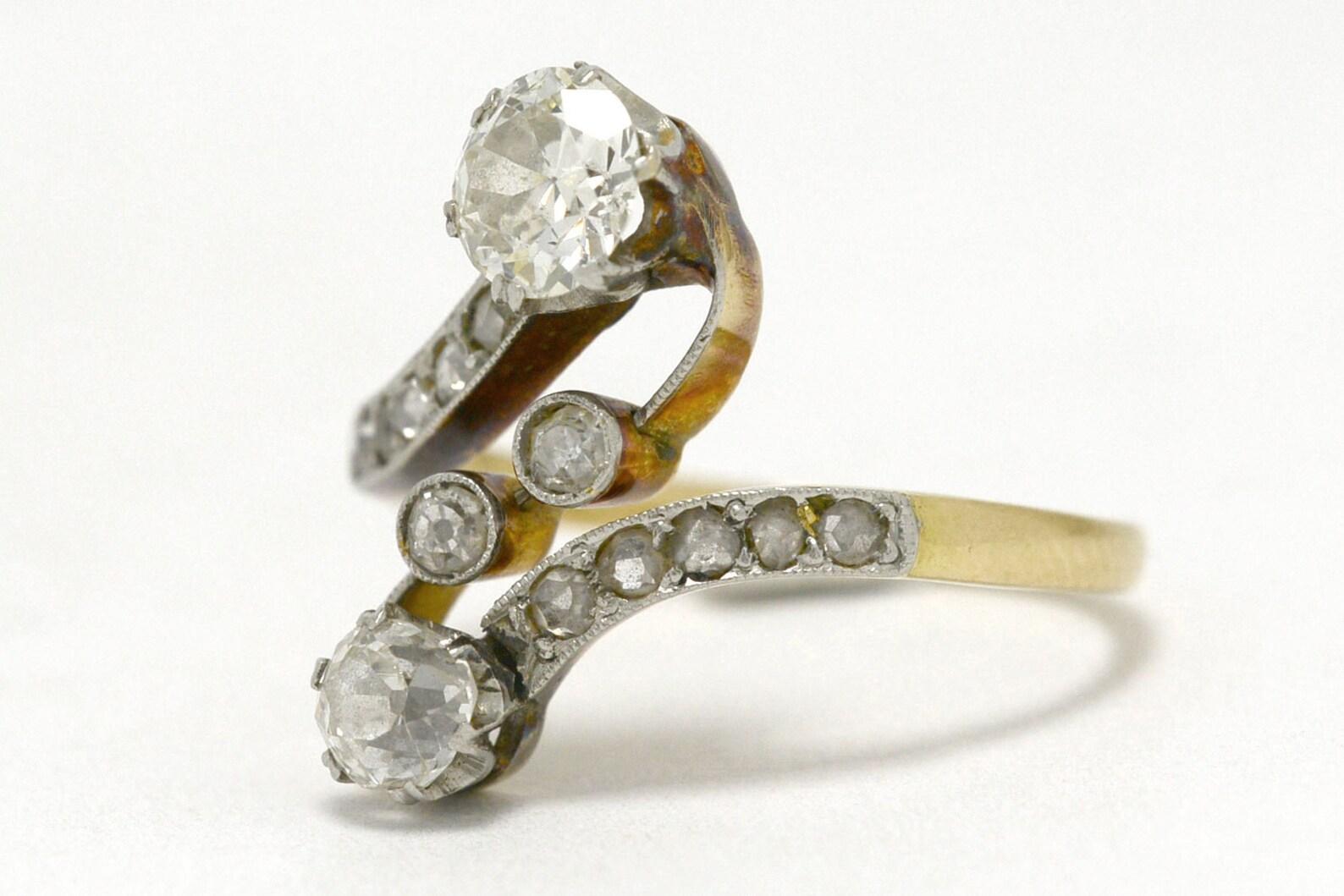 Antique French Toi Et Moi Edwardian Diamond Engagement Ring 2 Tone Platinum Gold In Good Condition In Santa Barbara, CA