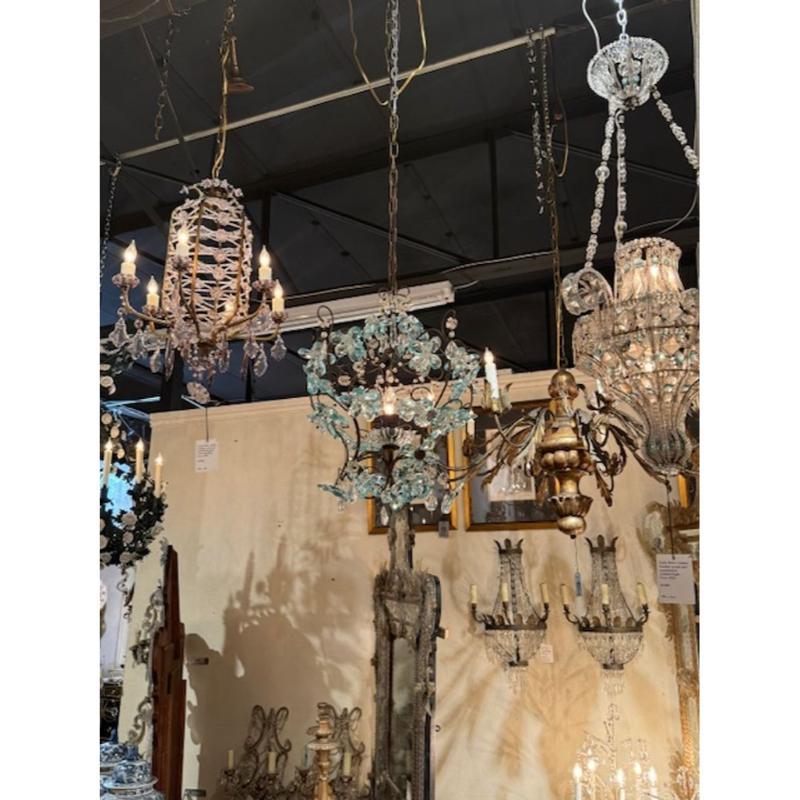 Lovely early 20th century French tole and aqua blue crystal flower pendant chandelier. Very unique! Beautiful! This chandelier comes with a chain and canopy and is ready to hang