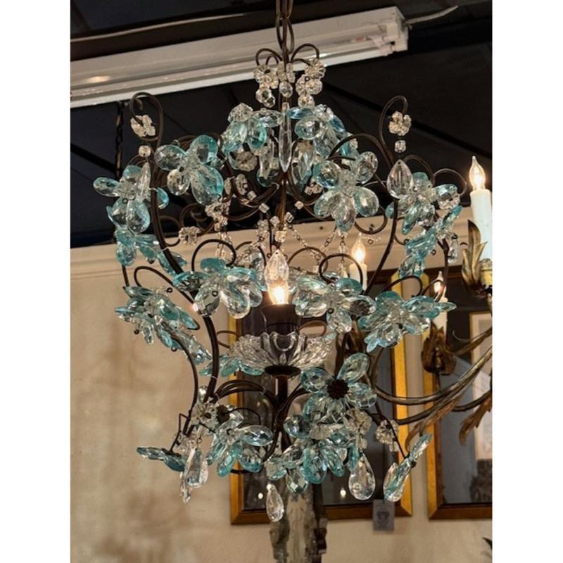 Antique French Tole and Blue Crystal Flower Pendant In Good Condition For Sale In Dallas, TX