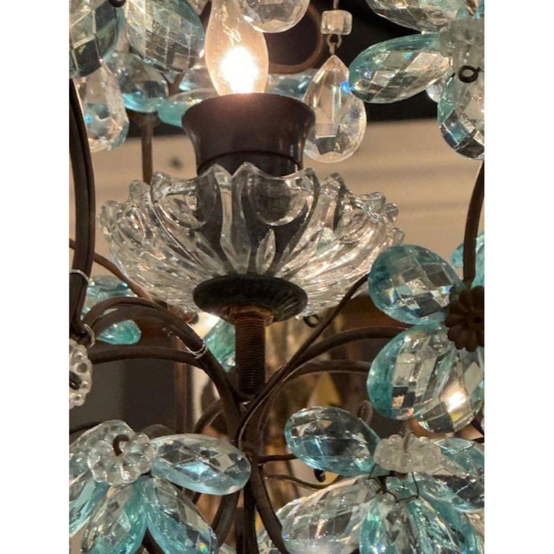Metal Antique French Tole and Blue Crystal Flower Pendant For Sale