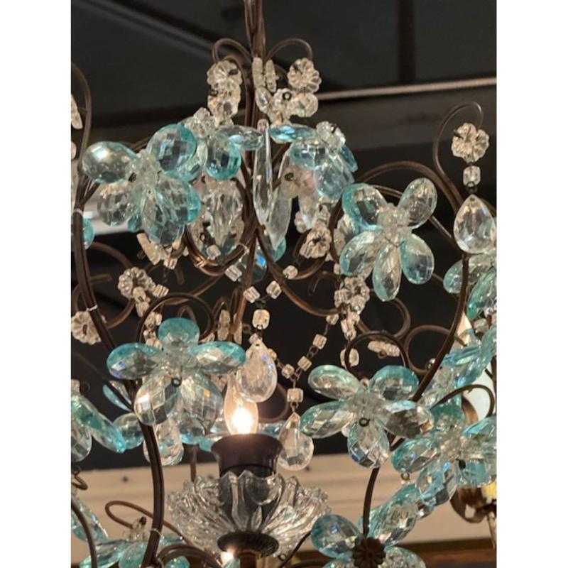 Antique French Tole and Blue Crystal Flower Pendant For Sale 1