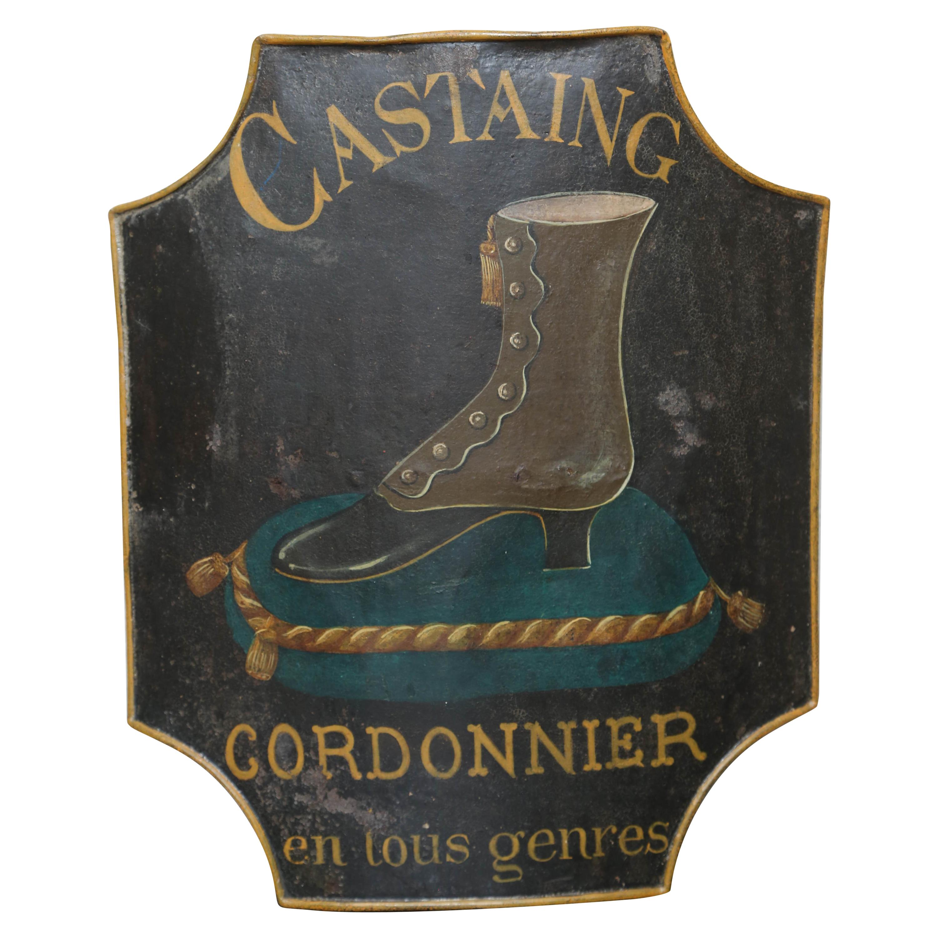 Antikes französisches Tole-Cobbler-Schild aus Zinn