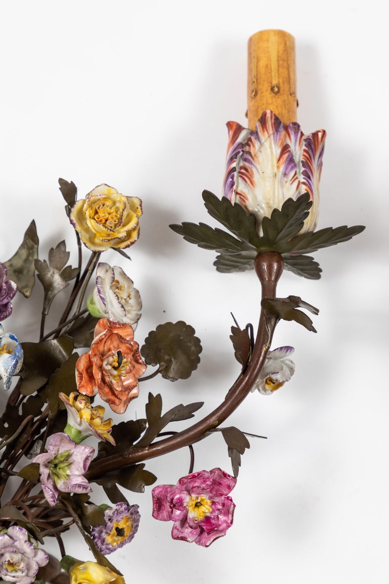 French Tole Floral Sconces with Hand Painted Wired Porcelain Flowers 'Pair' at 1stDibs wired