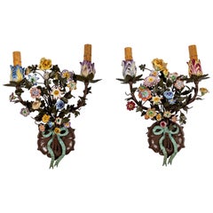 French Tole Floral Sconces with Hand Painted Wired Porcelain Flowers 'Pair'