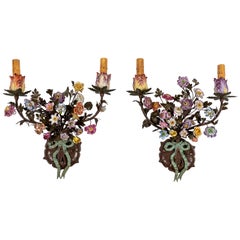 Antique French Tole Floral Sconces with Hand Painted Wired Porcelain Flowers 'Pair'