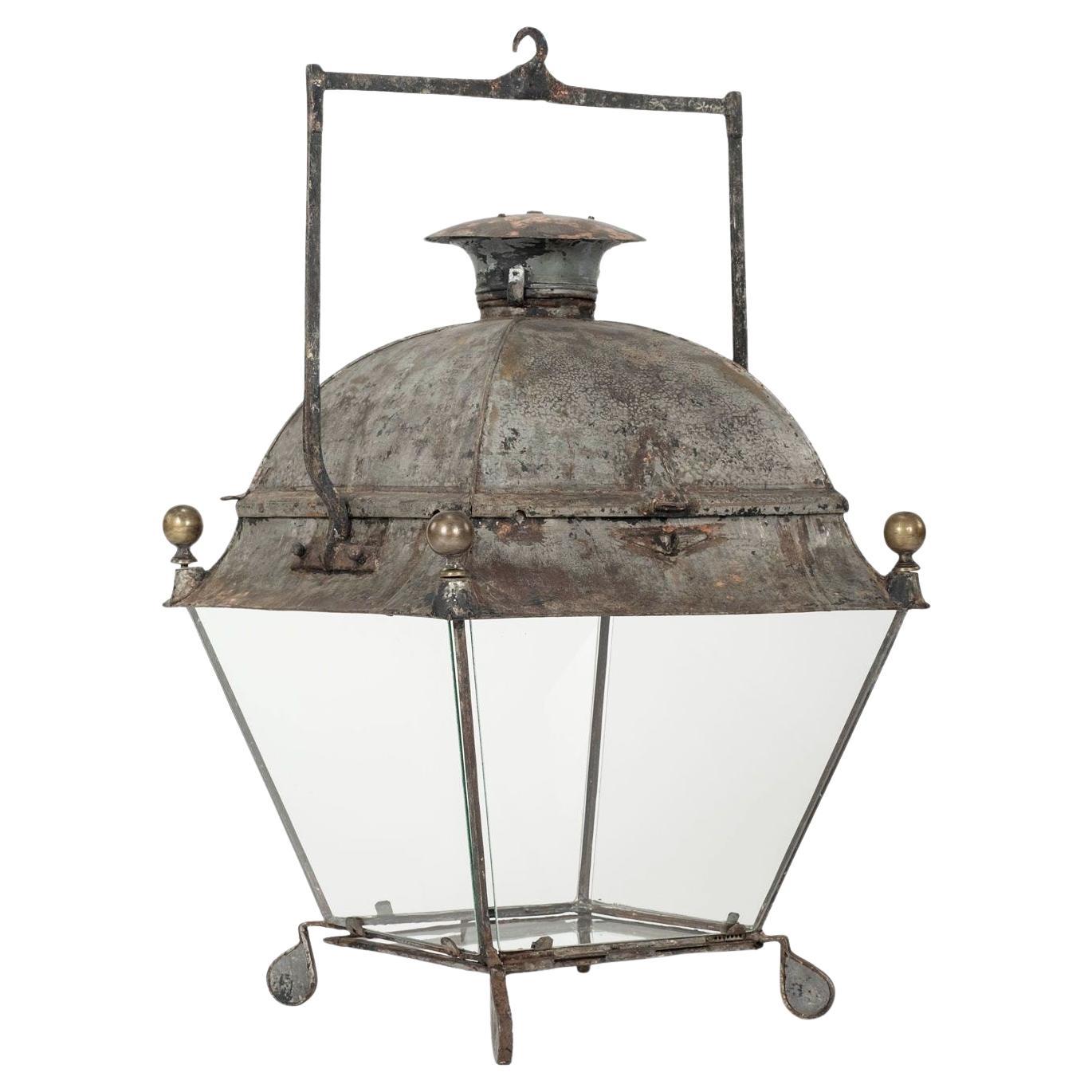 Antique French Tole Glass Paneled Barn Lantern