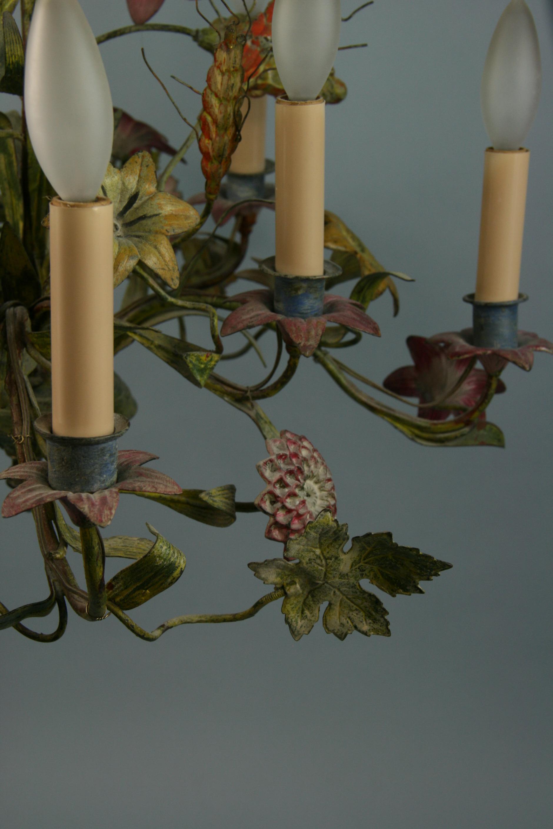 Antique French Tole Hand Painted Flower and Leaves 8 Light Chandelier 1940 5