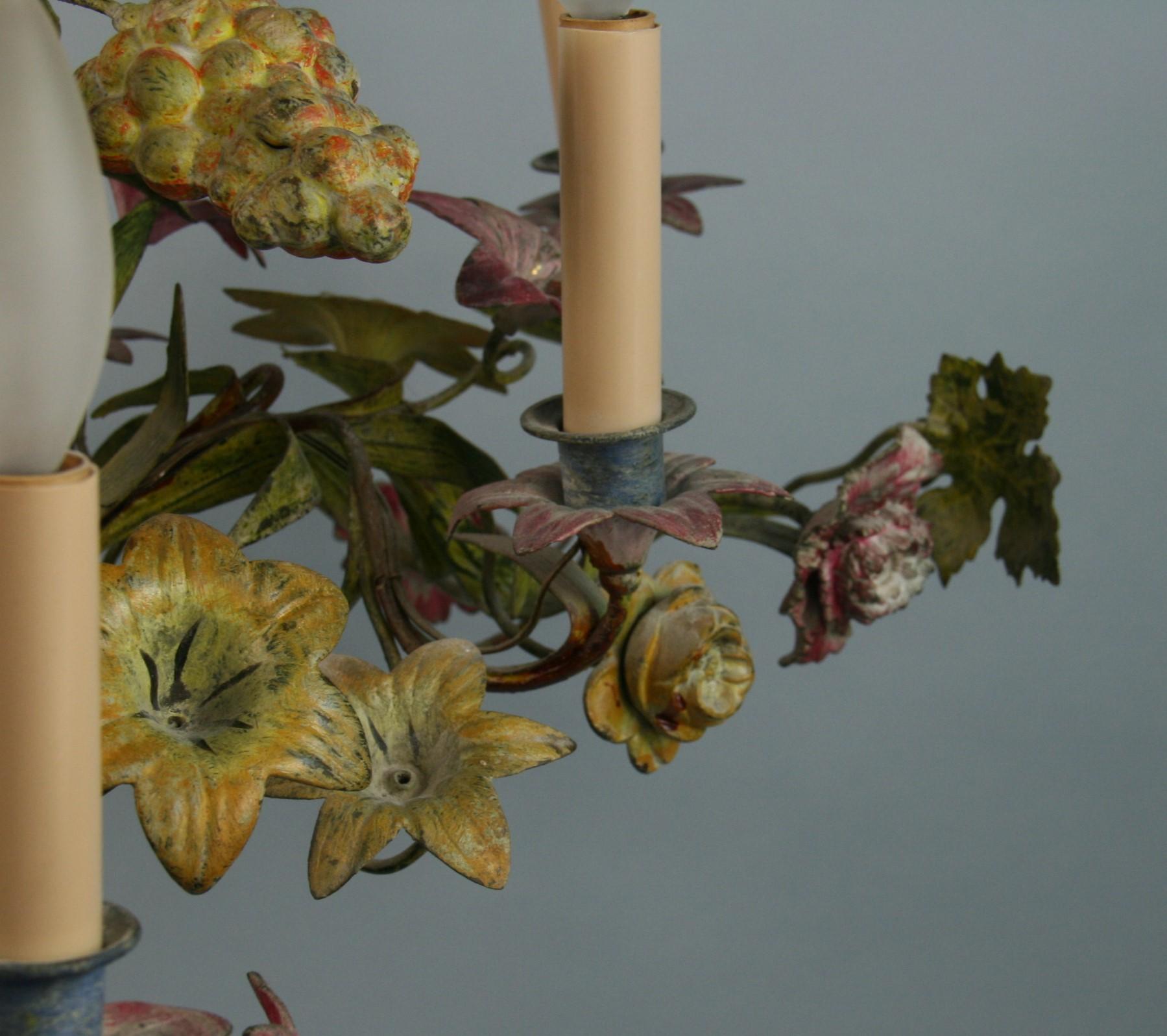 Antique French Tole Hand Painted Flower and Leaves 8 Light Chandelier 1940 7