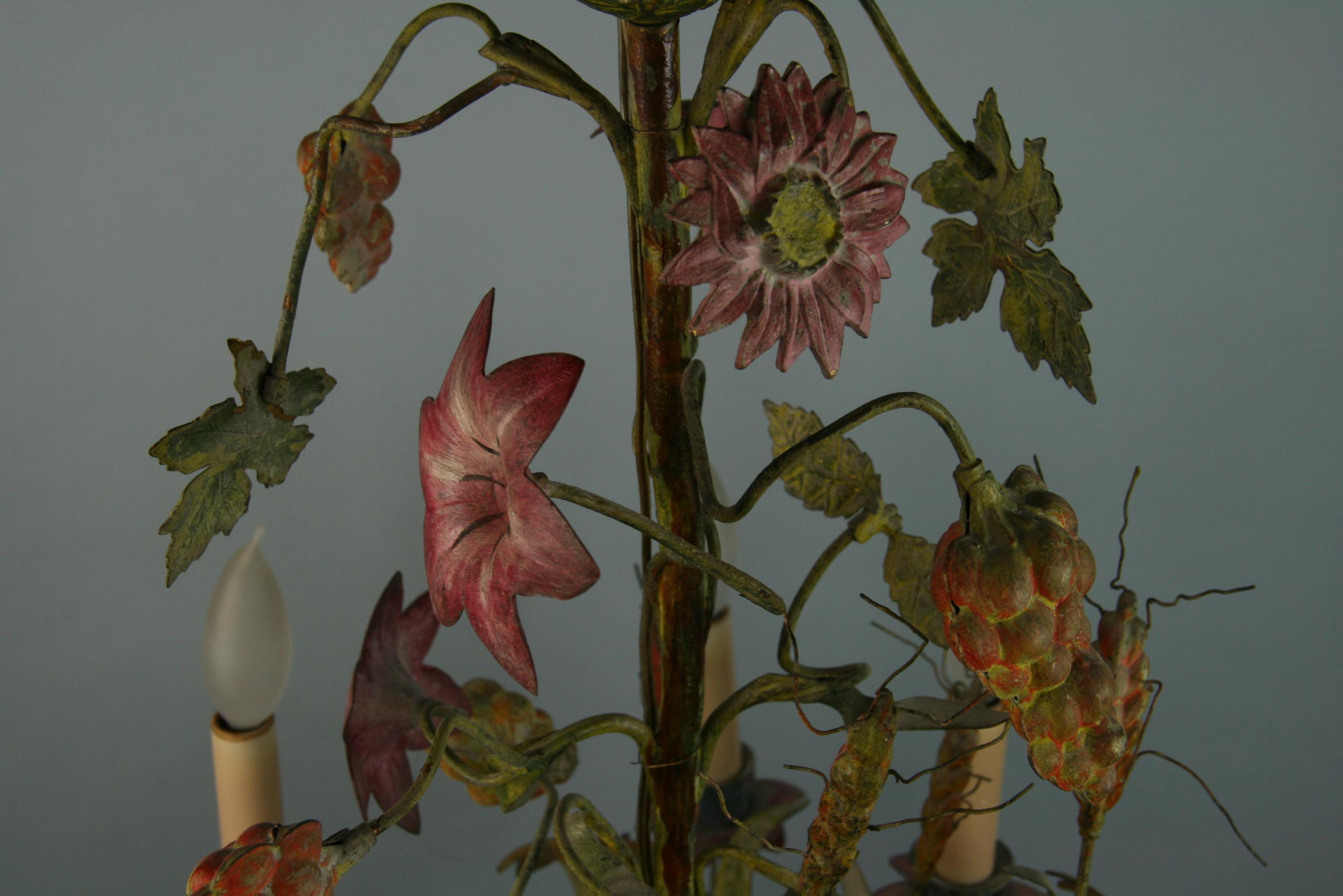 Antique French Tole Hand Painted Flower and Leaves 8 Light Chandelier 1940 11