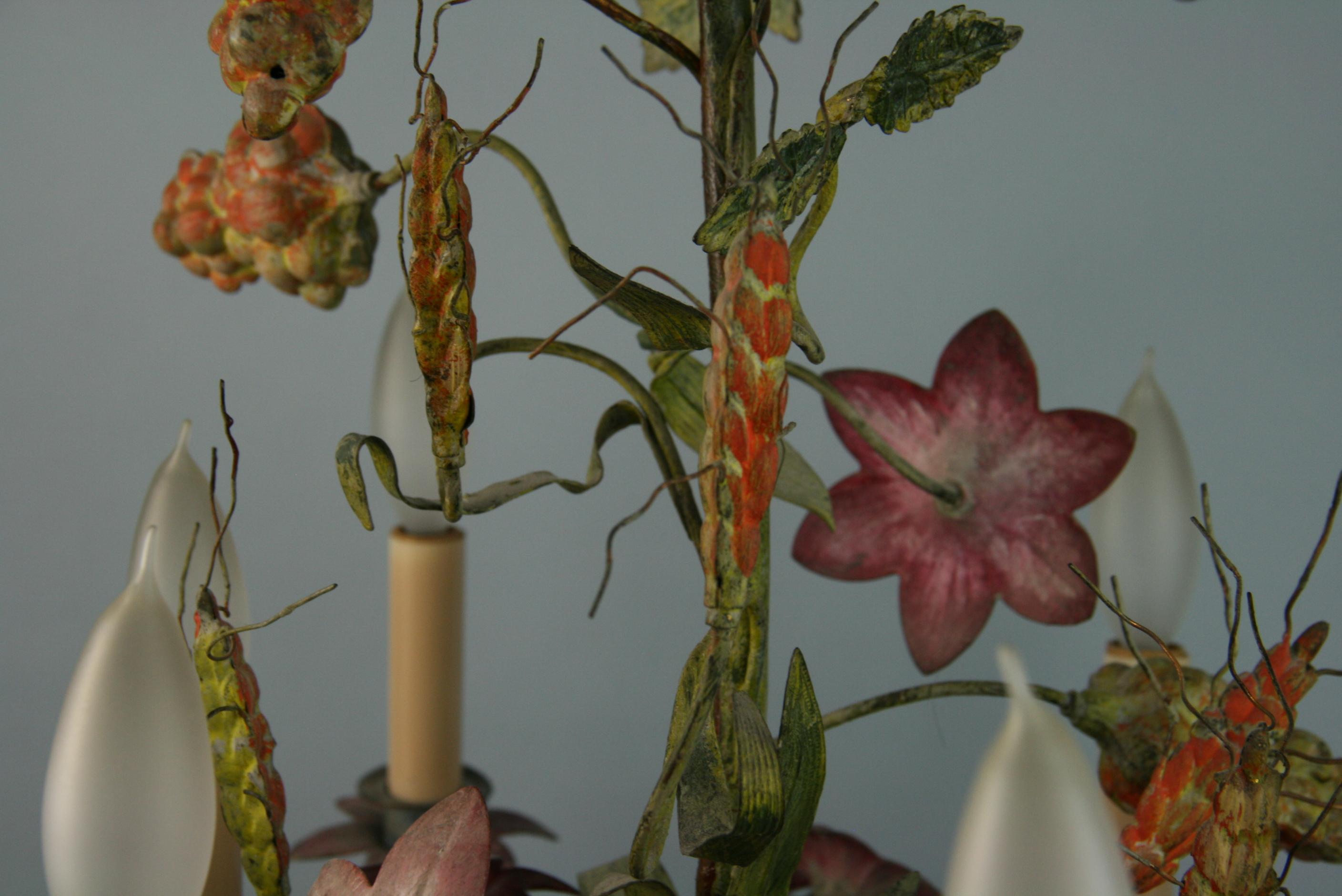Metal Antique French Tole Hand Painted Flower and Leaves 8 Light Chandelier 1940