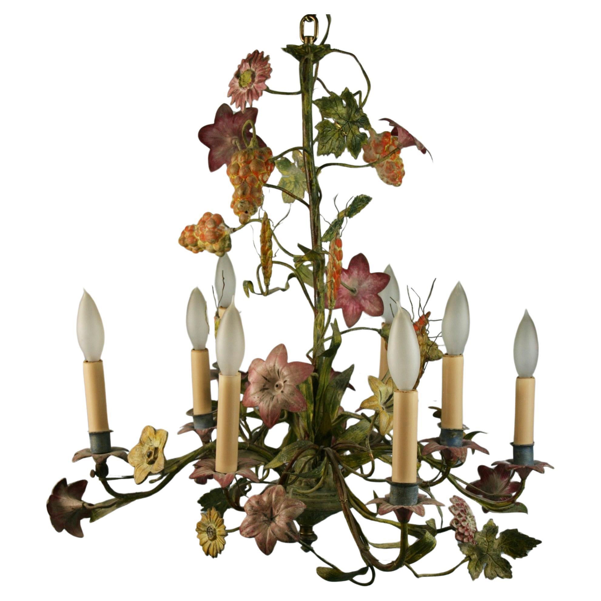 Antique French Tole Hand Painted Flower and Leaves 8 Light Chandelier 1940 For Sale