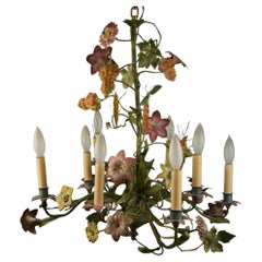 Vintage French Tole Hand Painted Flower and Leaves 8 Light Chandelier 1940
