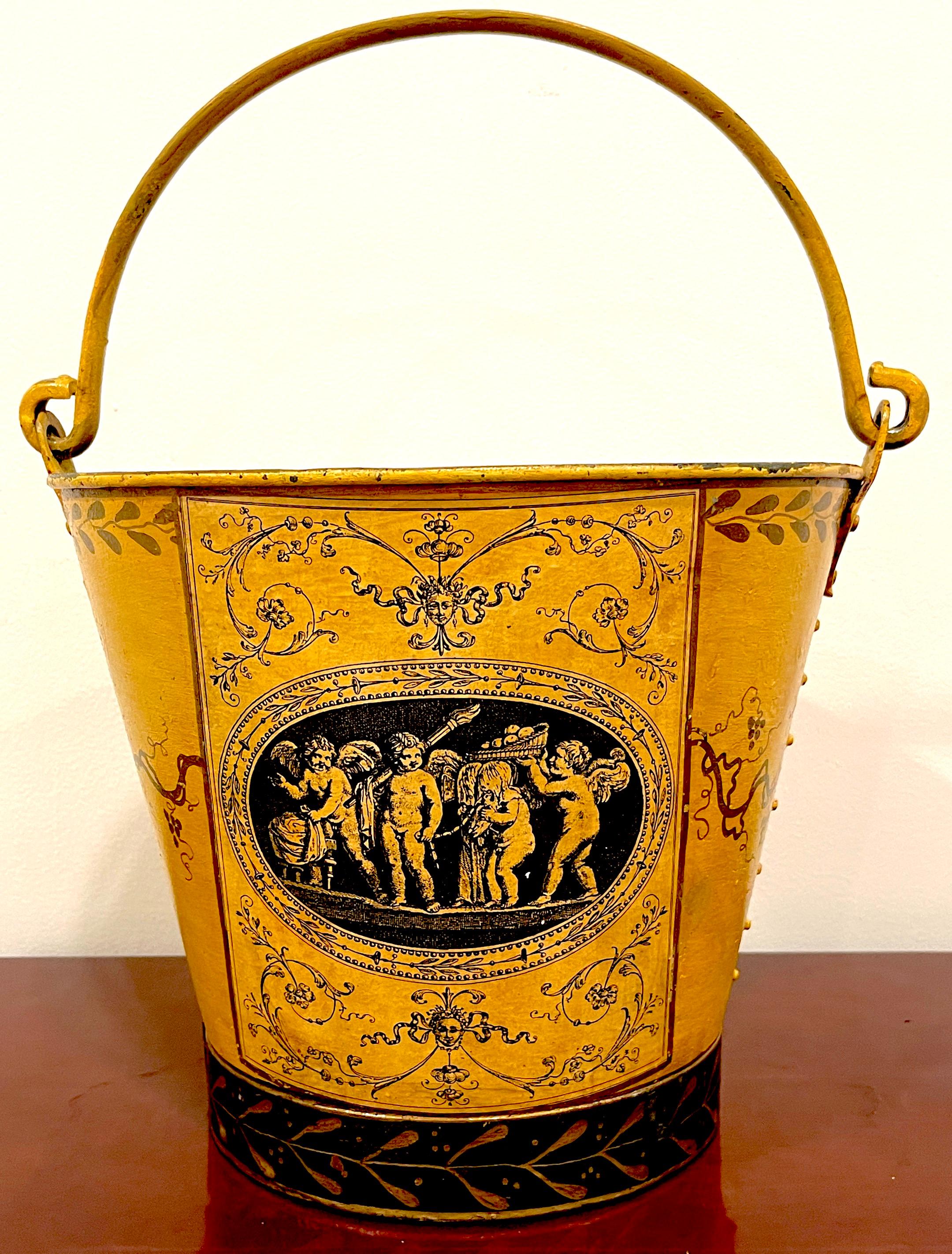 Antique French Tole Handled Bucket/Cachepot 'Labors of Cupid' 
France, Circa 1900
A delightful Antique French Tole Handled Bucket/Cachepot, dating back to the early 1900s, originating from France. This charming piece exudes whimsy and craftsmanship.