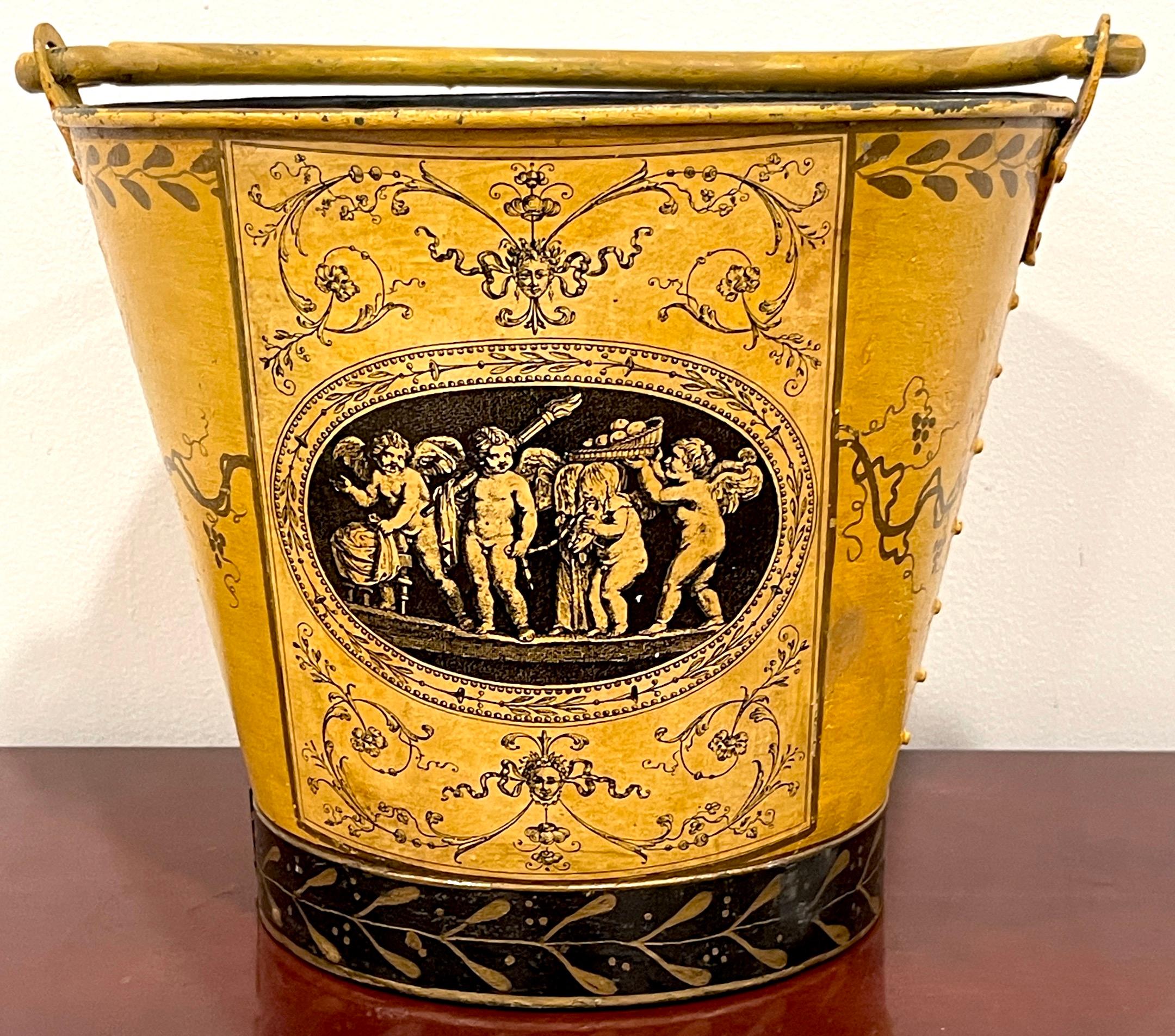 Neoclassical Antique French Tole Handled Bucket/Cachepot 'Labors of Cupid'  For Sale