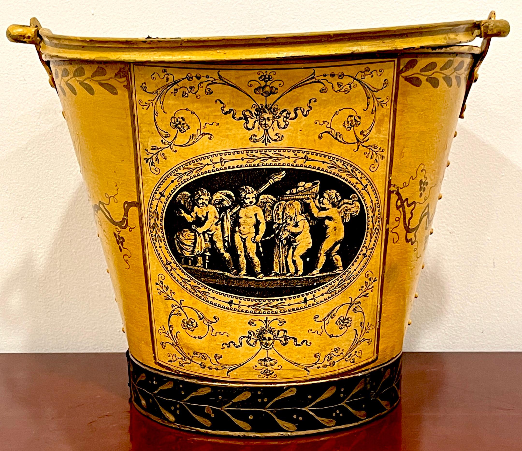 Hand-Painted Antique French Tole Handled Bucket/Cachepot 'Labors of Cupid'  For Sale