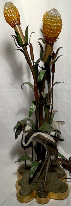 Antique French Tole Lamp with Cranes in the Wetlands & Amber Shades Ca 1910-1920