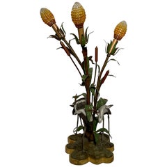 Antique French Tole Lamp with Cranes in the Wetlands & Amber Shades Ca 1910-1920