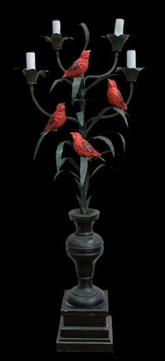 Antique French Tole Metal & Wood Table Lamp / Candelabra W/ Red Birds - 4 Arm