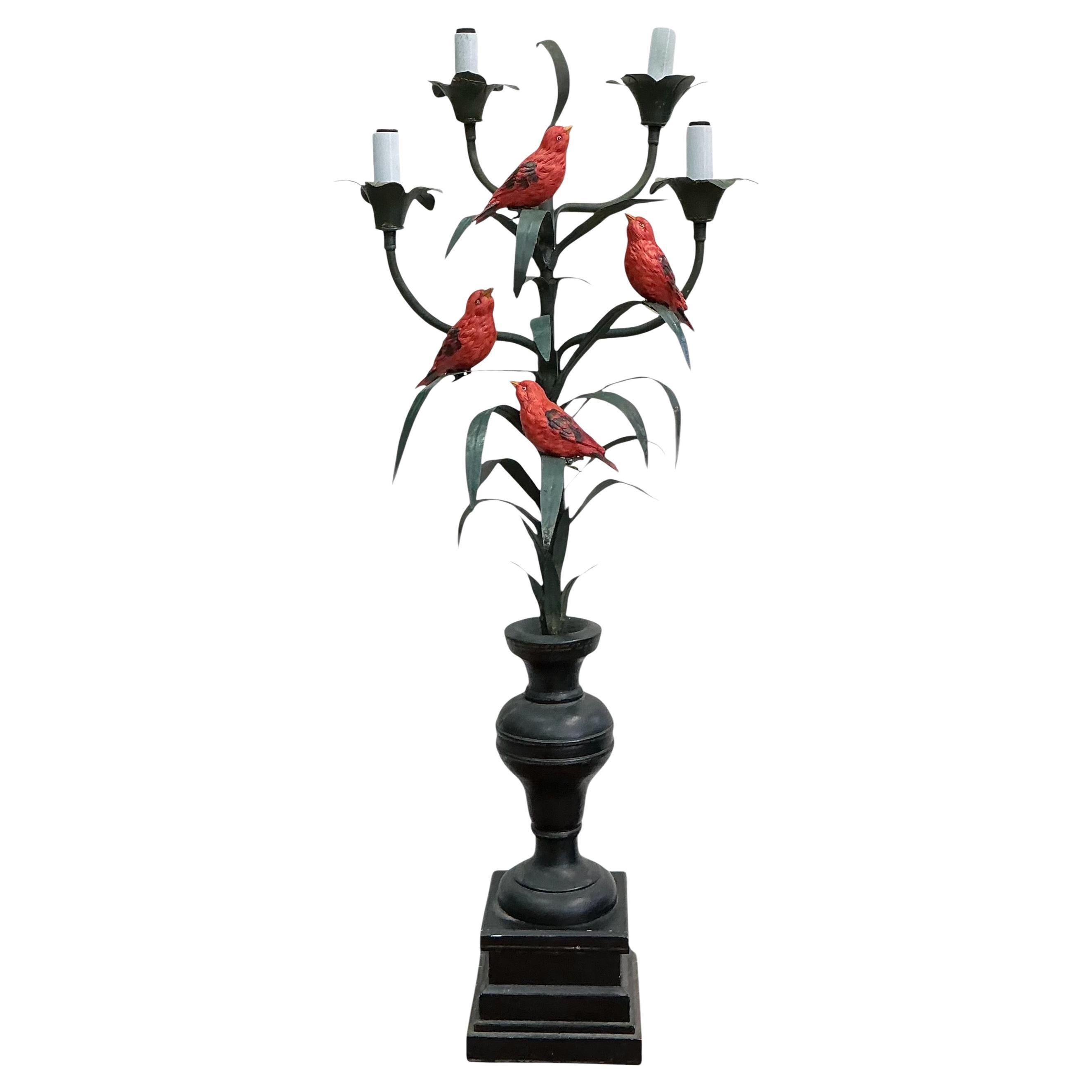 Antique French Tole Metal & Wood Table Lamp / Candelabra W/ Red Birds - 4 Arm